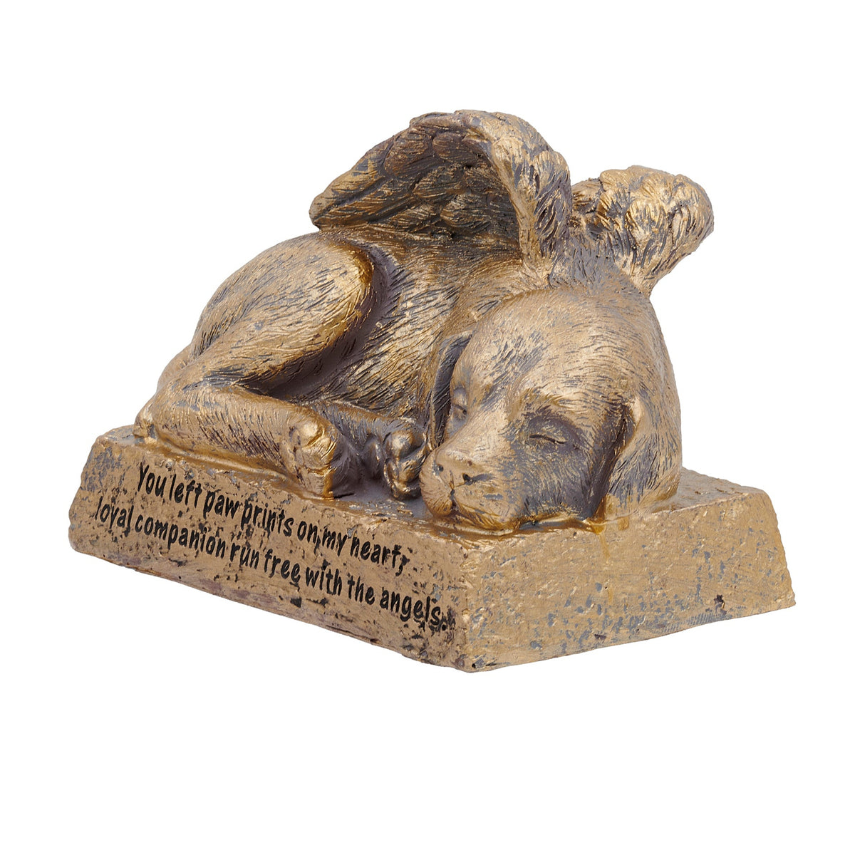 Front angled view of Dog with Wings Memorial Garden Statue showing the resting dog, wings, and memorial inscription on the base