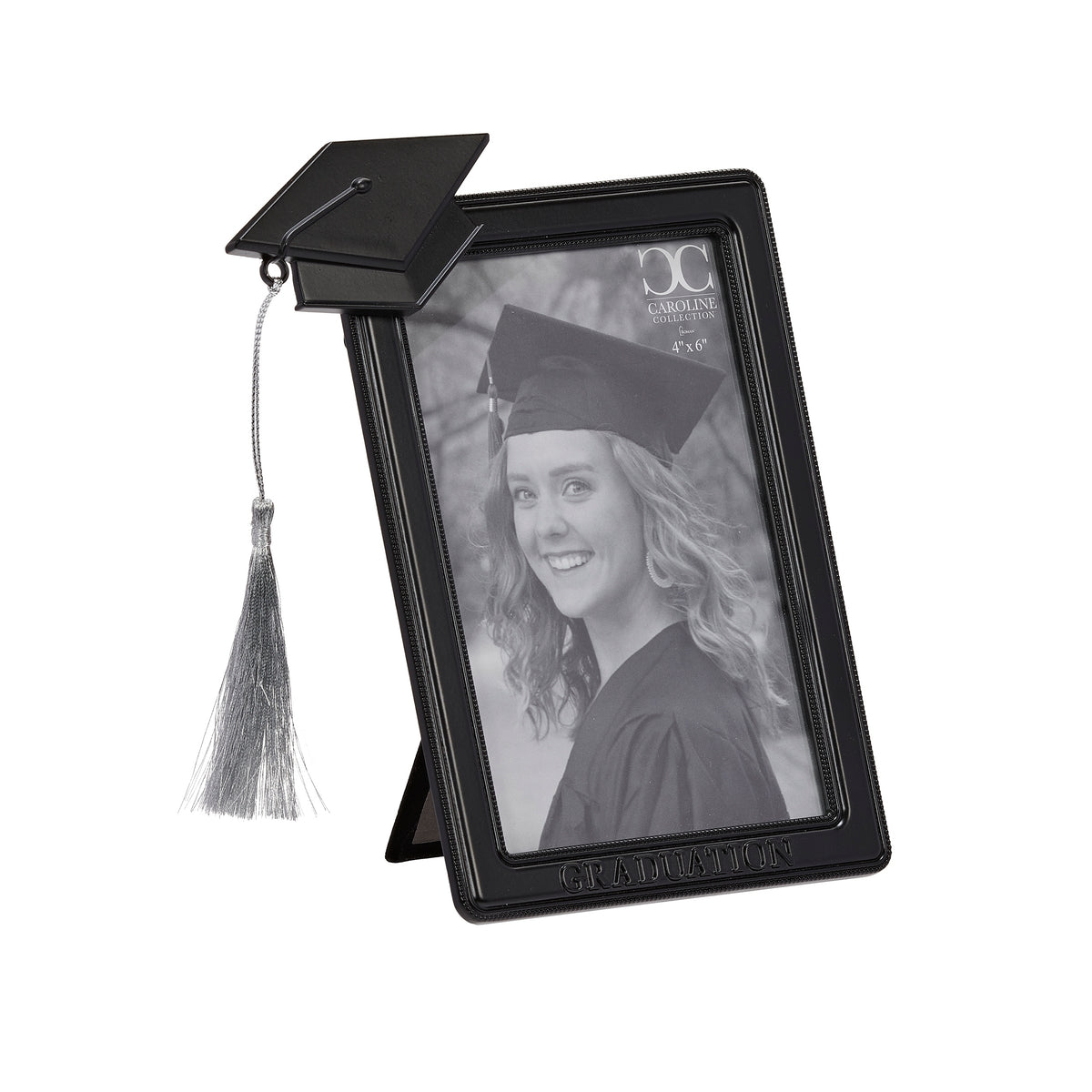Angled front view of graduation frame showing the raised cap accent and tassel hanging beside the photo.