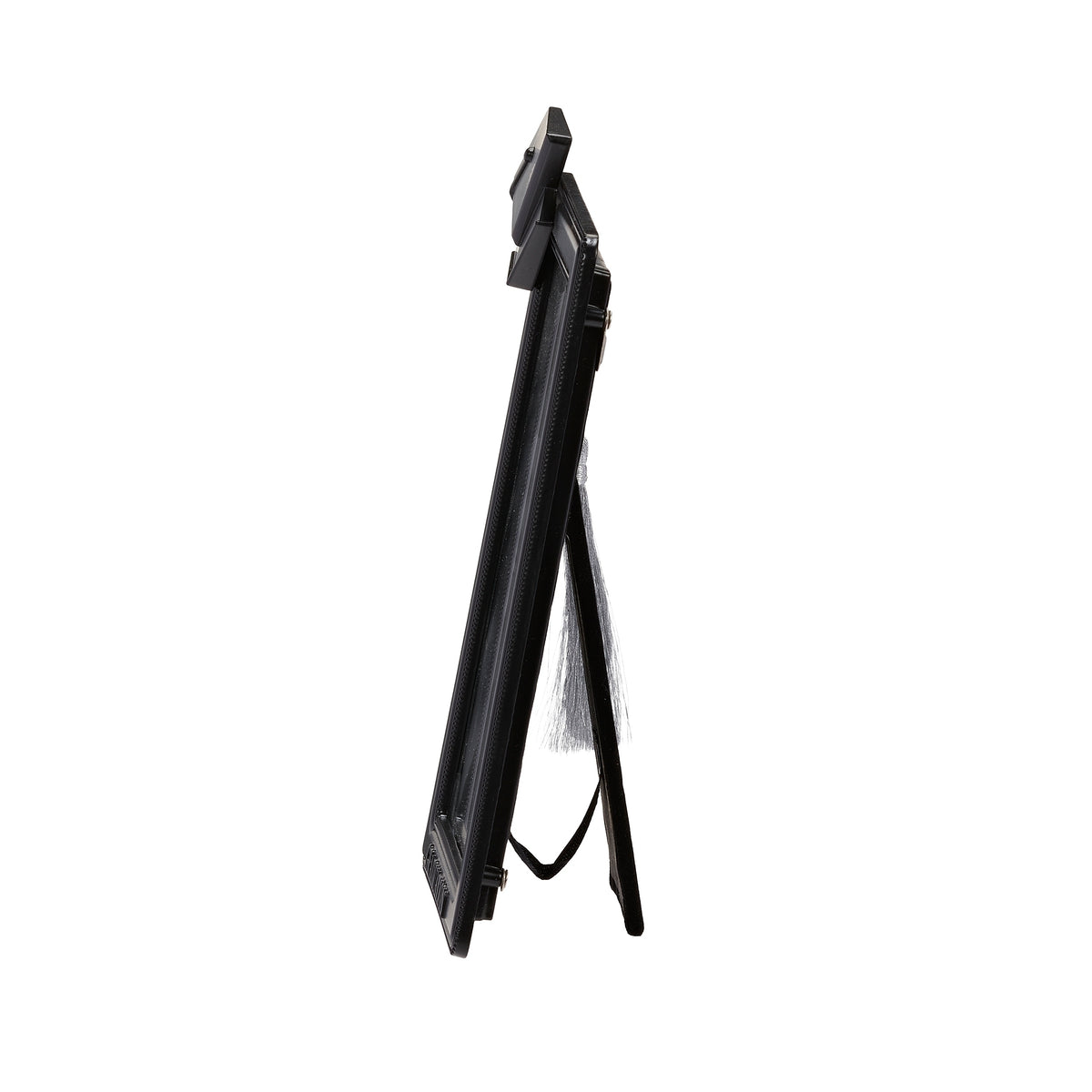 Side view of graduation frame showing its slim profile and extended black easel support.