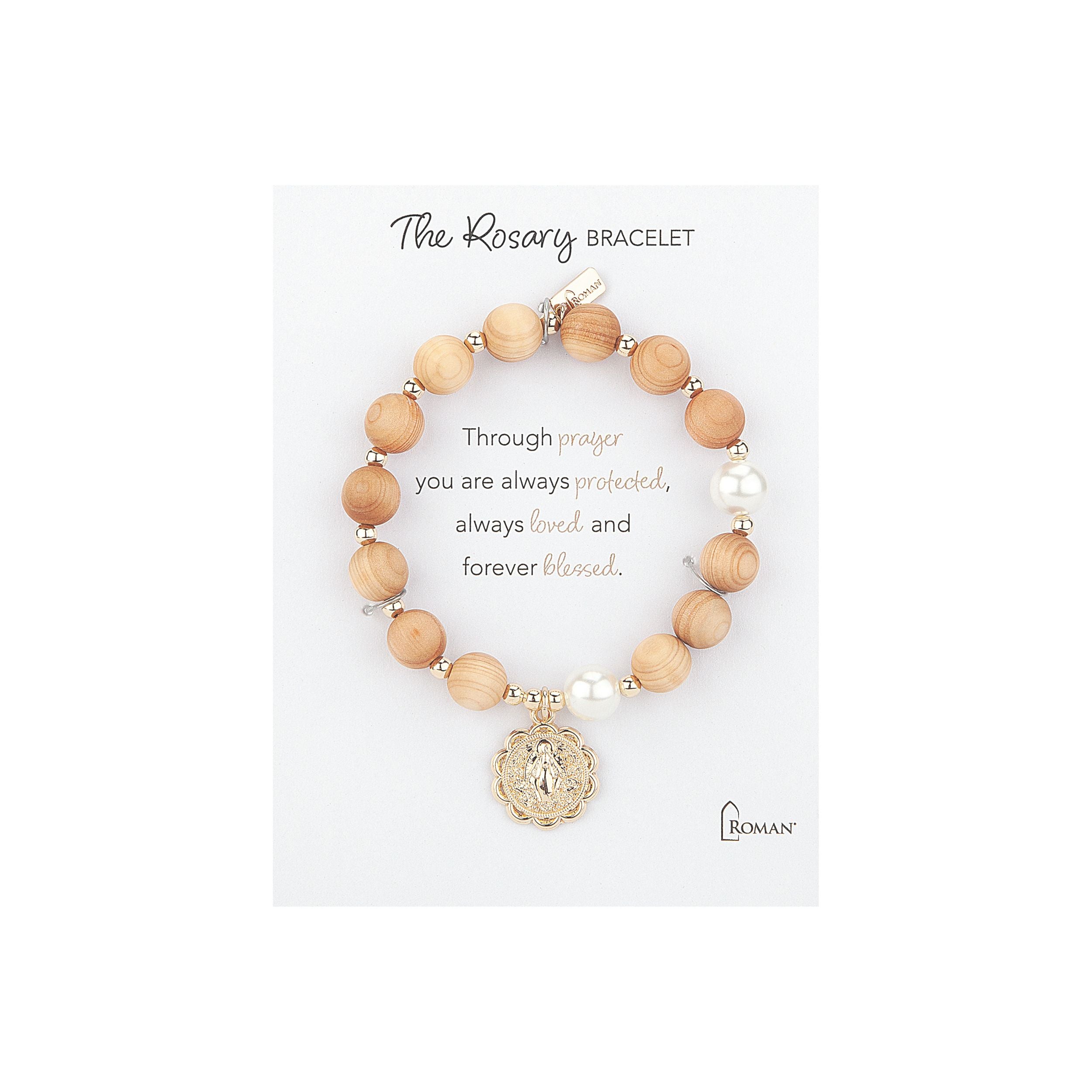 Wooden rosary bracelet with a central charm on a white background, featuring text and the brand 'Roman'.