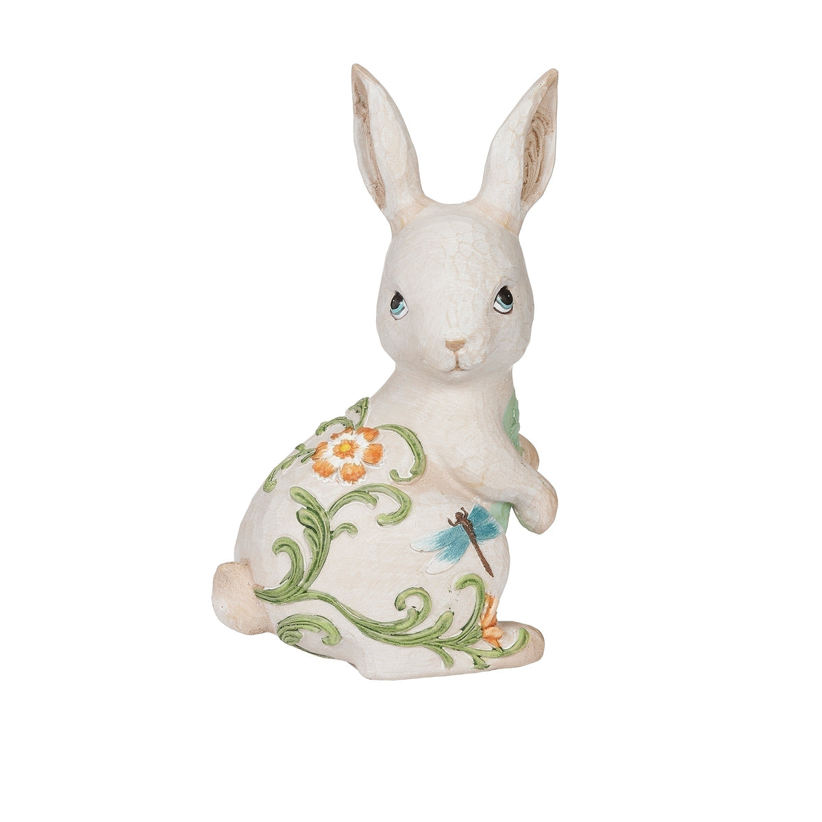 Front angled view of Colorful Critters Rabbit Figure with colorful floral detailing and Easter egg