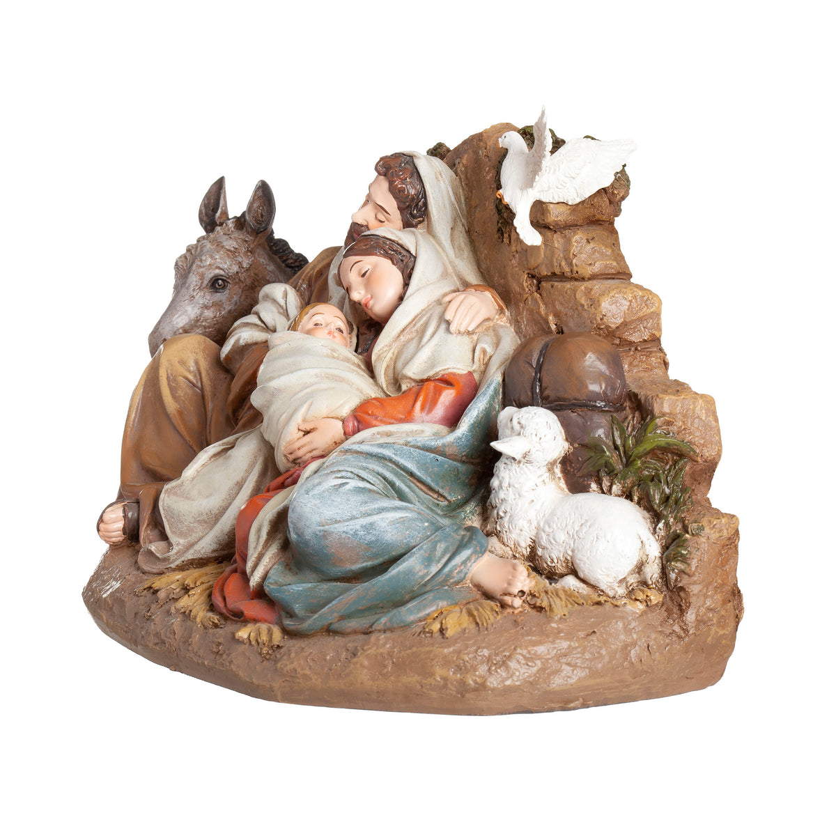 Front angled view of Joseph's Studio Restful Holy Family Figure showing Mary holding baby Jesus beside Joseph with the donkey and surrounding Nativity details