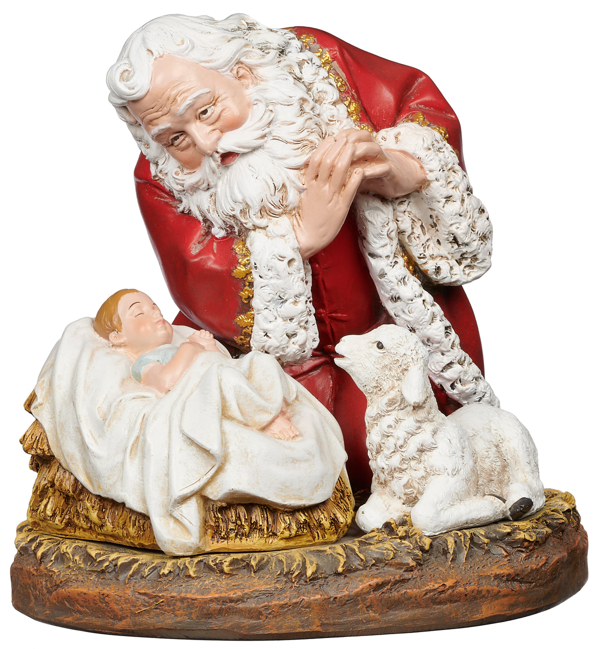 Front angled view of Joseph's Studio Kneeling Santa Figure showing Santa praying beside baby Jesus with the lamb resting nearby