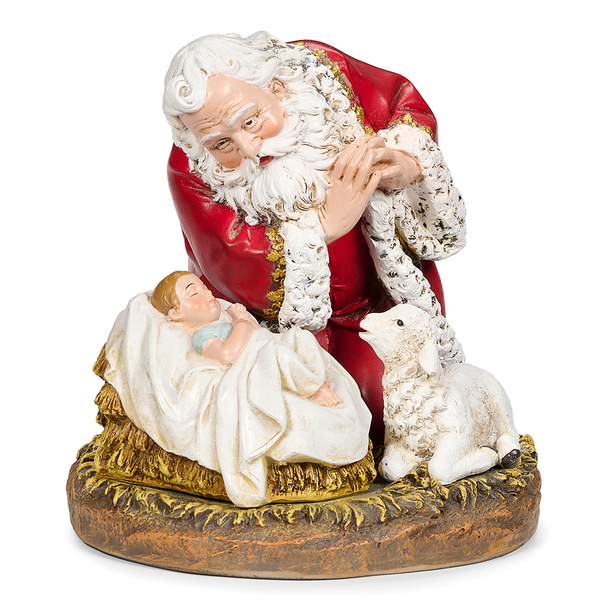 Alternate front view of Joseph's Studio Kneeling Santa Figure highlighting Santa's prayerful pose, sleeping baby Jesus, lamb, and textured manger base