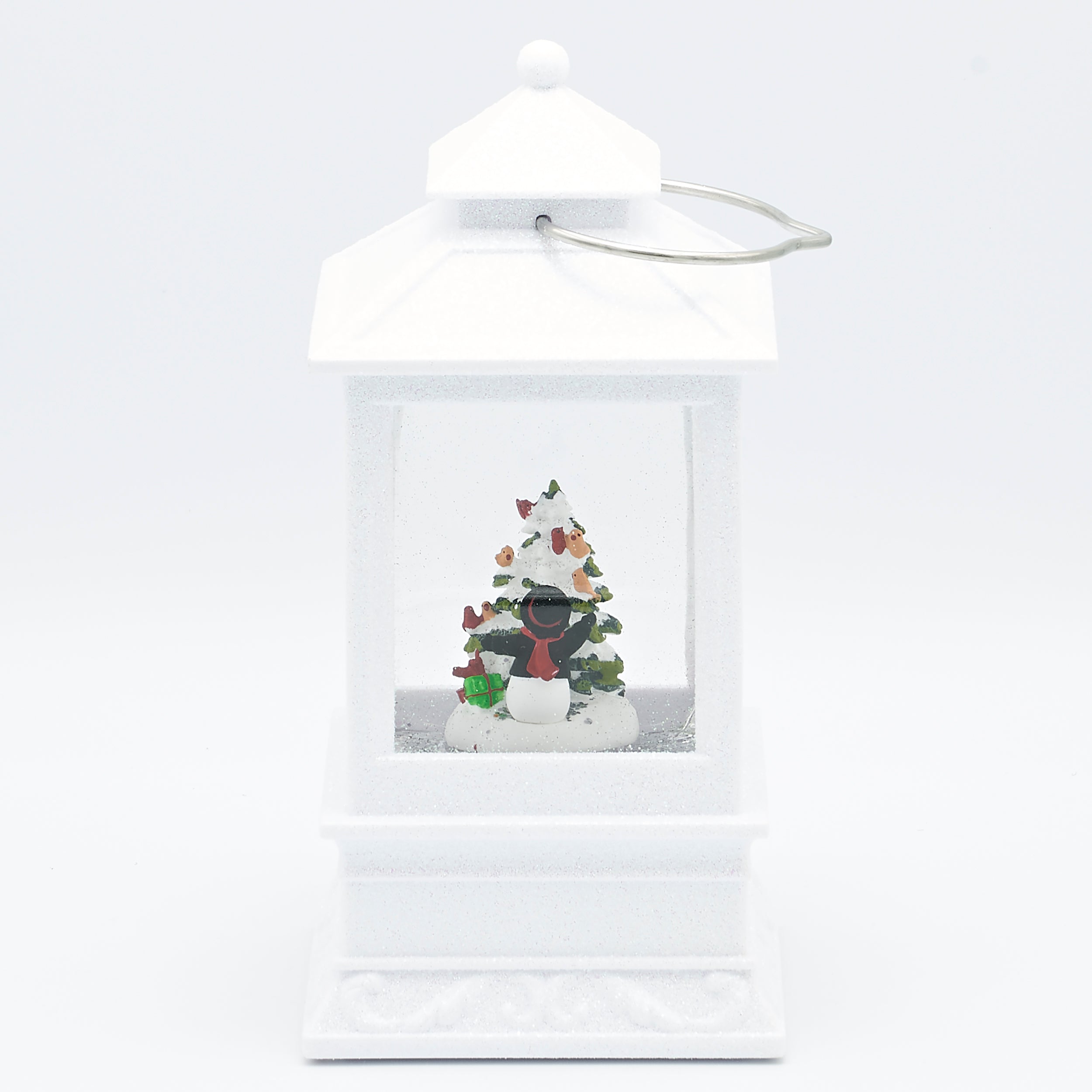 Confetti Lites Lighted Swirl Lantern with Snowman Decorating a Tree