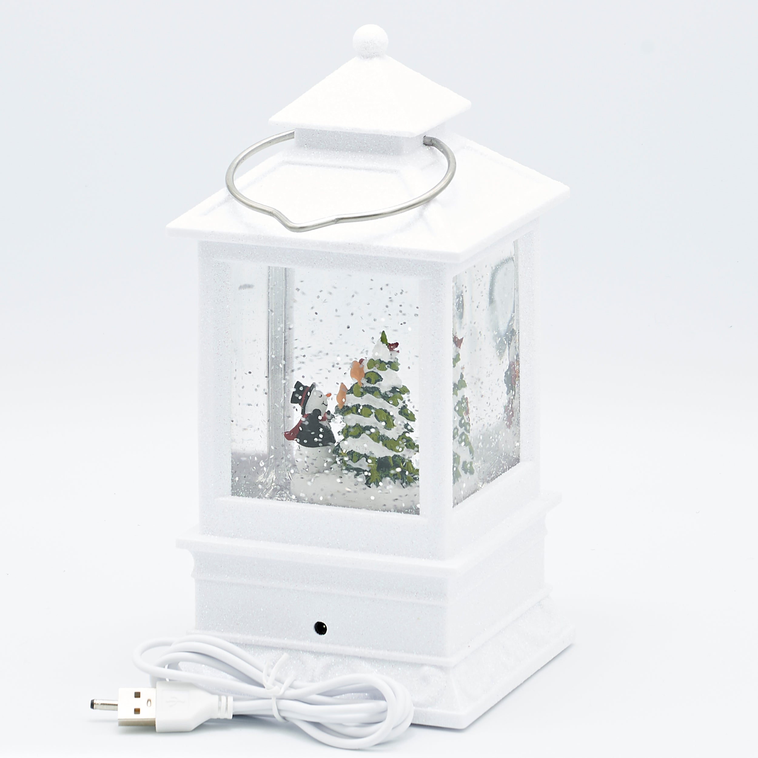 Confetti Lites Lighted Swirl Lantern with Snowman Decorating a Tree