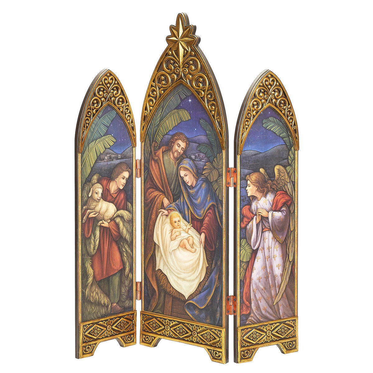 Angled view of Joseph's Studio Nativity Folding Screen showing the hinged three-panel design, hand-painted Nativity scenes, and intricate gold filigree detailing
