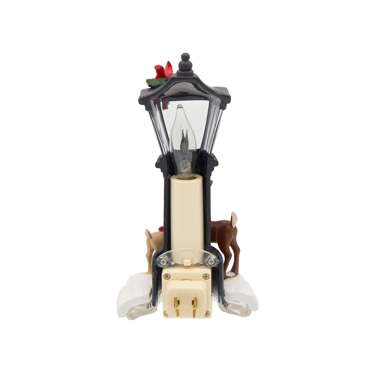 Rear view of Rudolph and Clarice lamppost night-light showing the back of the lantern and plug facing the camera.