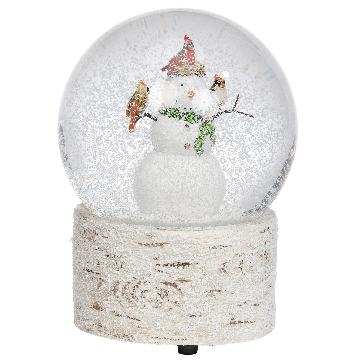 Opposite angled view of Glitterdome Musical Snowman with Cardinals showing the winter scene and textured white musical base