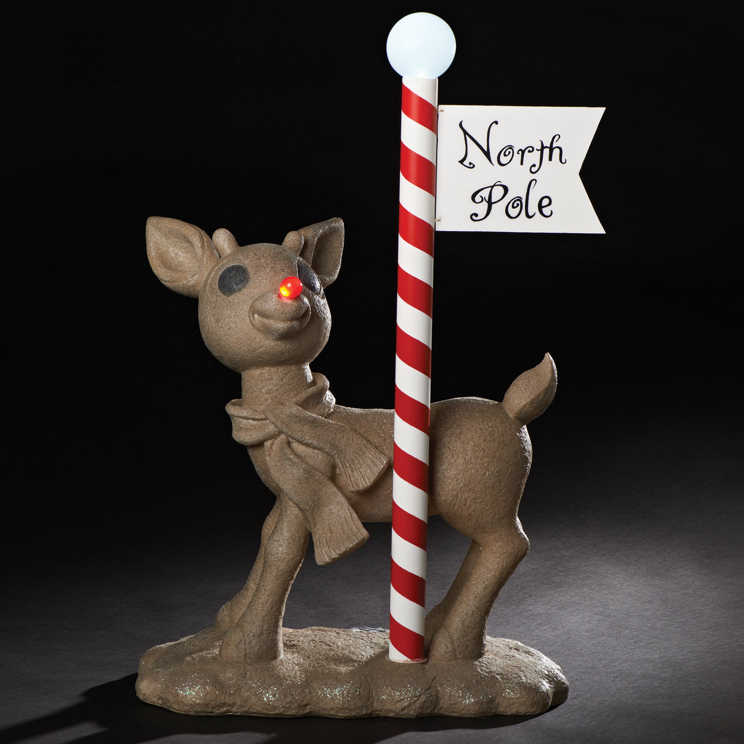 Solar-Powered Rudolph Statue with North Pole Sign