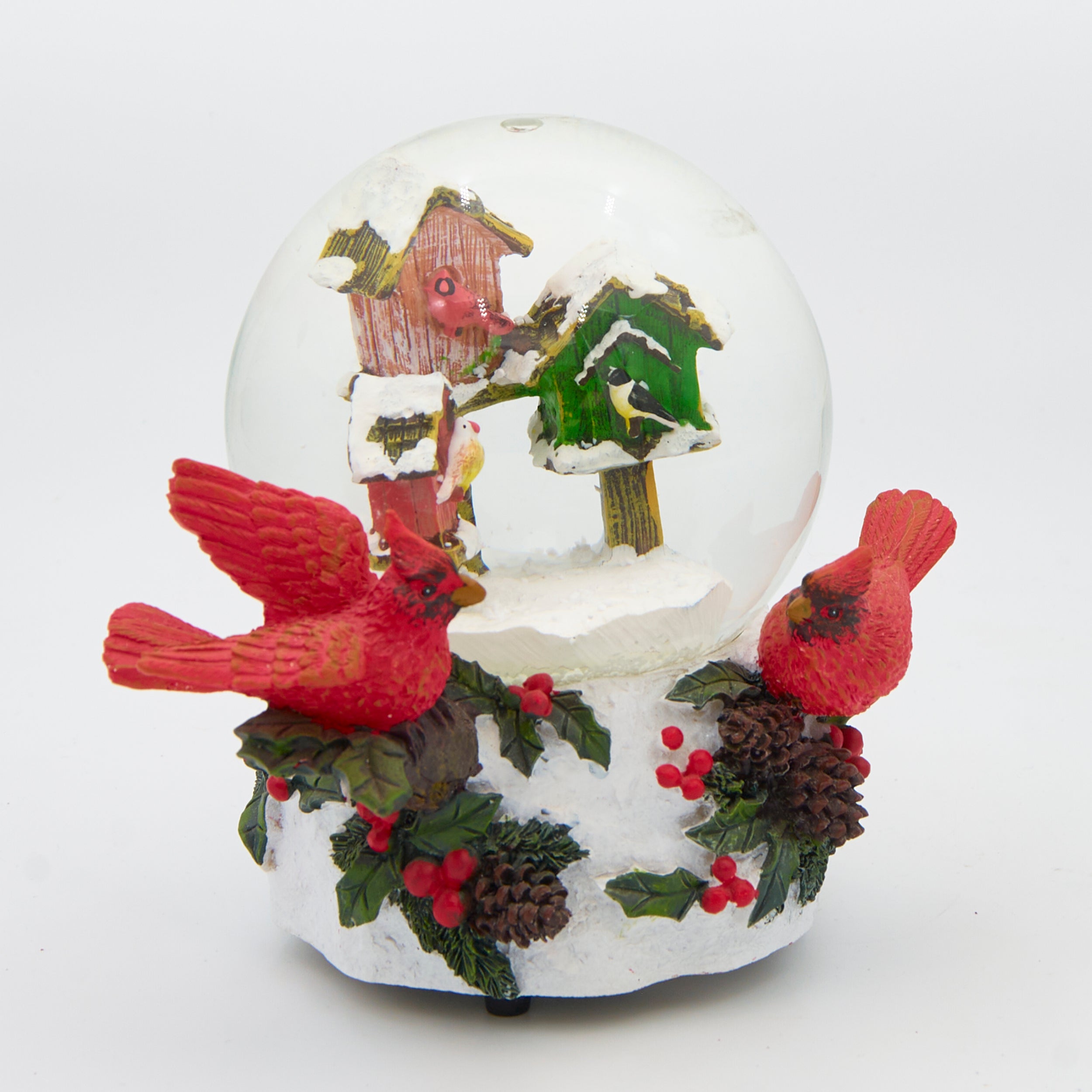 Glitterdome Musical Cardinals in Birdhouses & Holly – "We Wish You a Merry Christmas" Tune