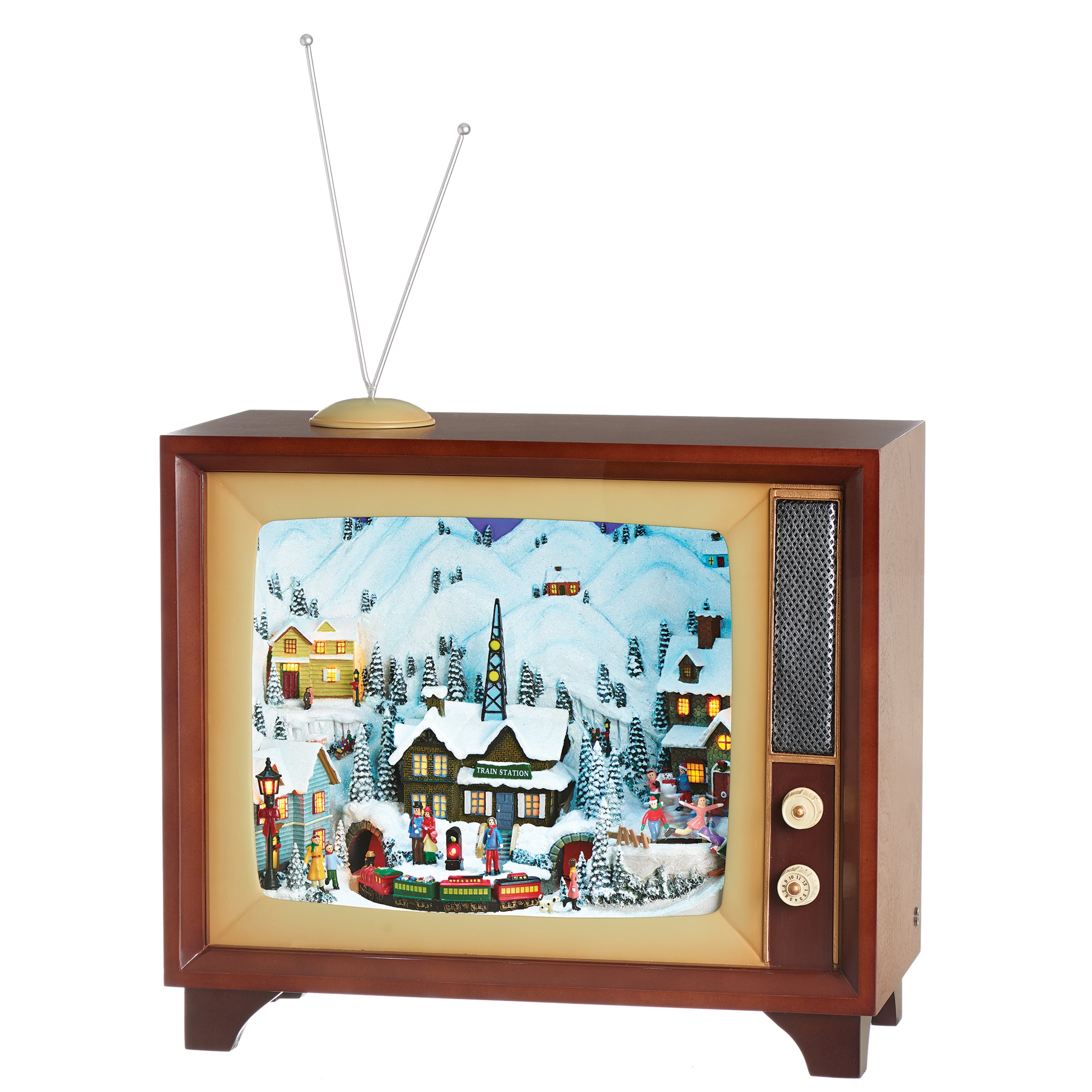 Amusements Lighted Musical Train Depot TV Christmas Village With Rotating Train