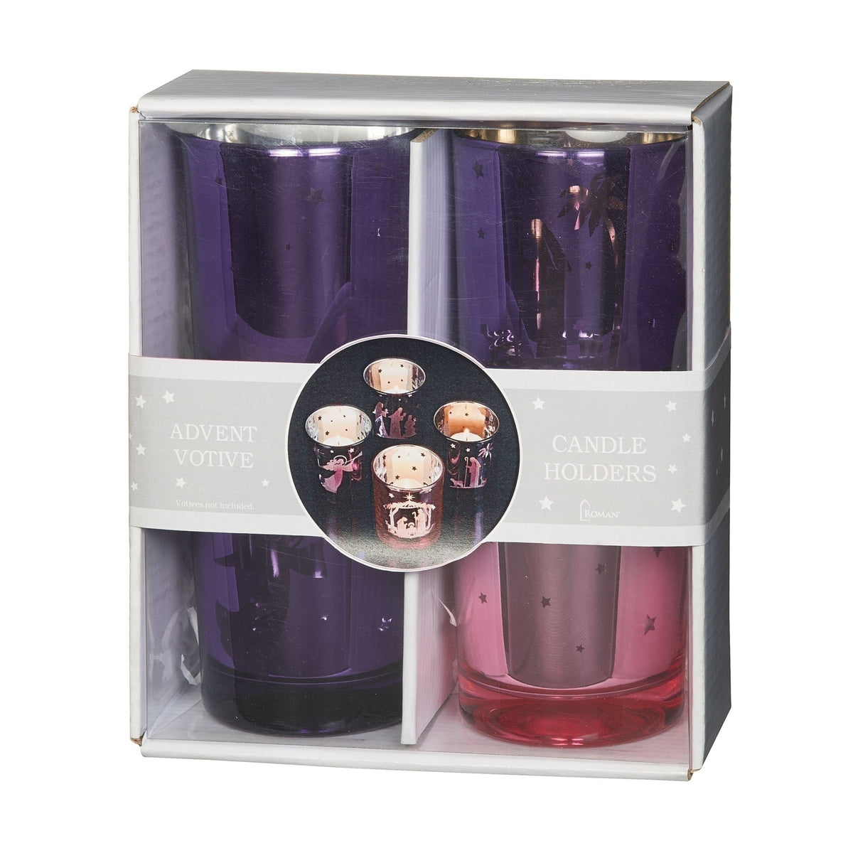 Set of four Nativity scene glass votive holders arranged in clear gift packaging with a white band.