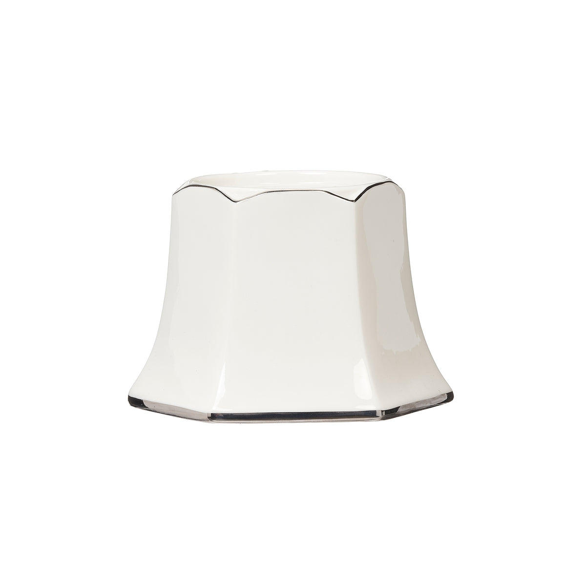 Rear view of the pillar candle holder showing its smooth white surface and scalloped rim.