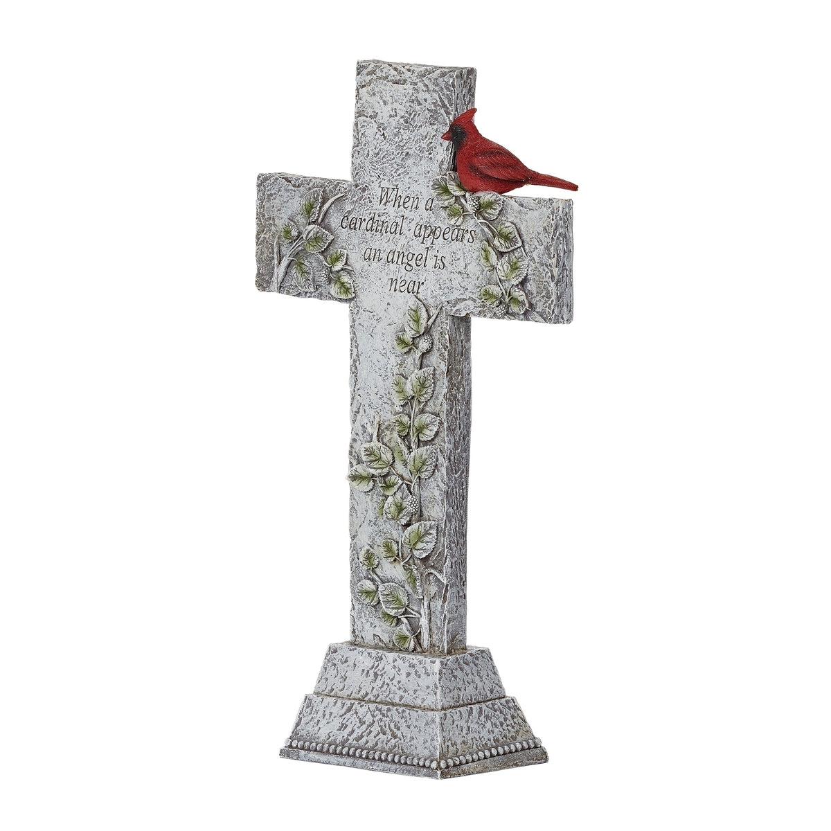 Front angled view of When a Cardinal Appears Memorial Garden Cross showing the red cardinal, leafy details, and memorial message