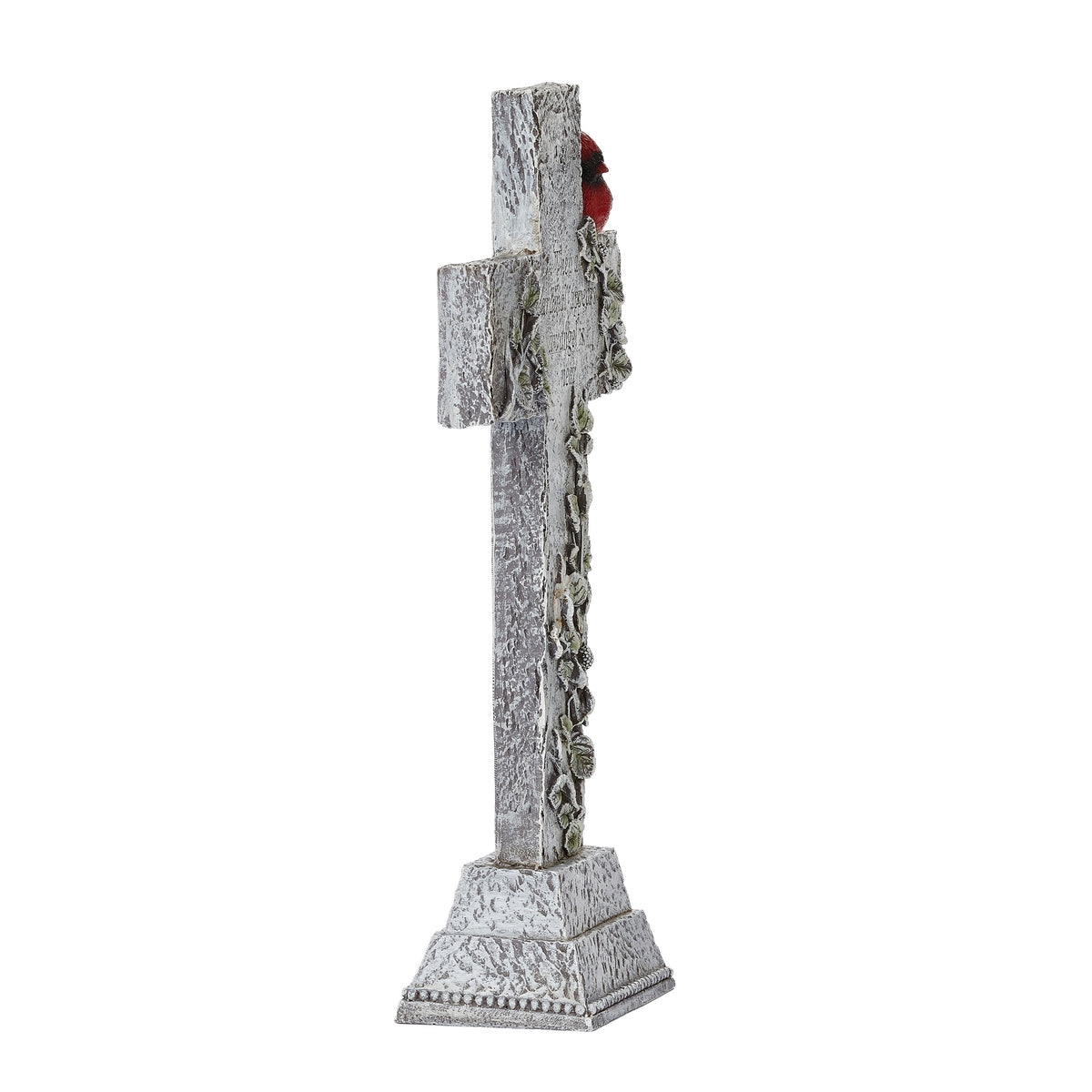 Opposite side view of When a Cardinal Appears Memorial Garden Cross showing the sculpted cross, cardinal, and pedestal base