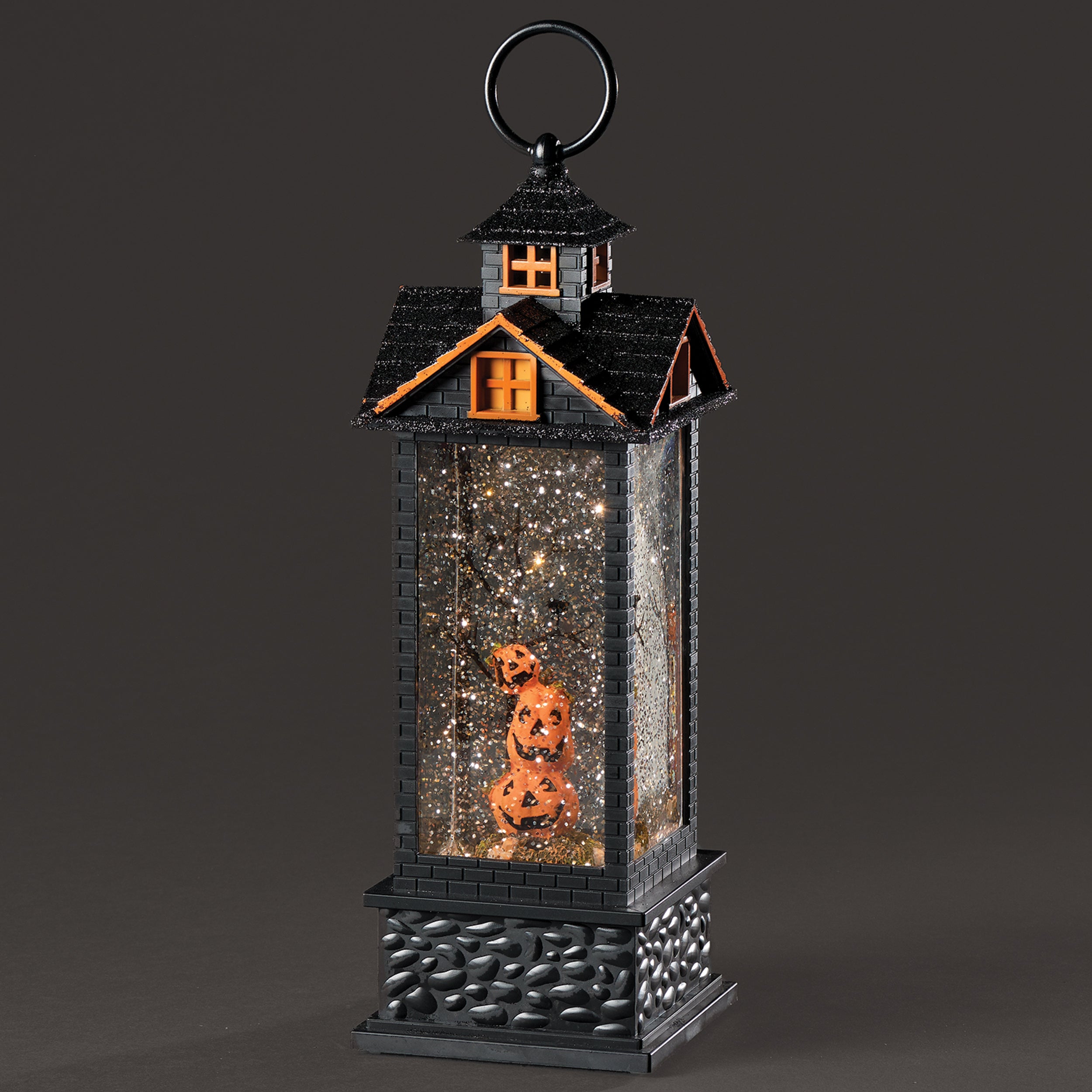 Glitterdome Lighted Swirl Lantern with House & Pumpkins