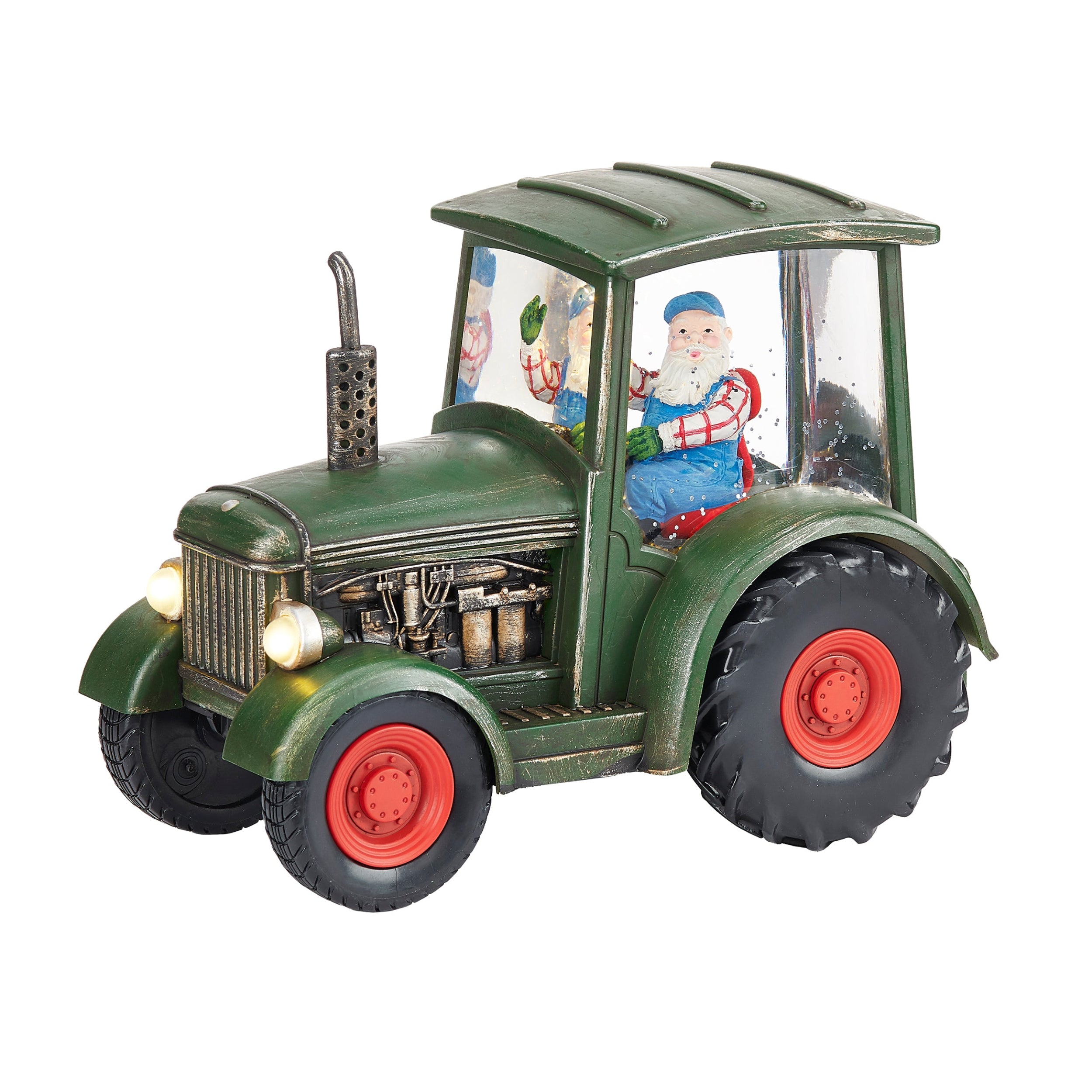 Model of a green tractor with a transparent body showing a Santa Claus figure inside, on a white background.