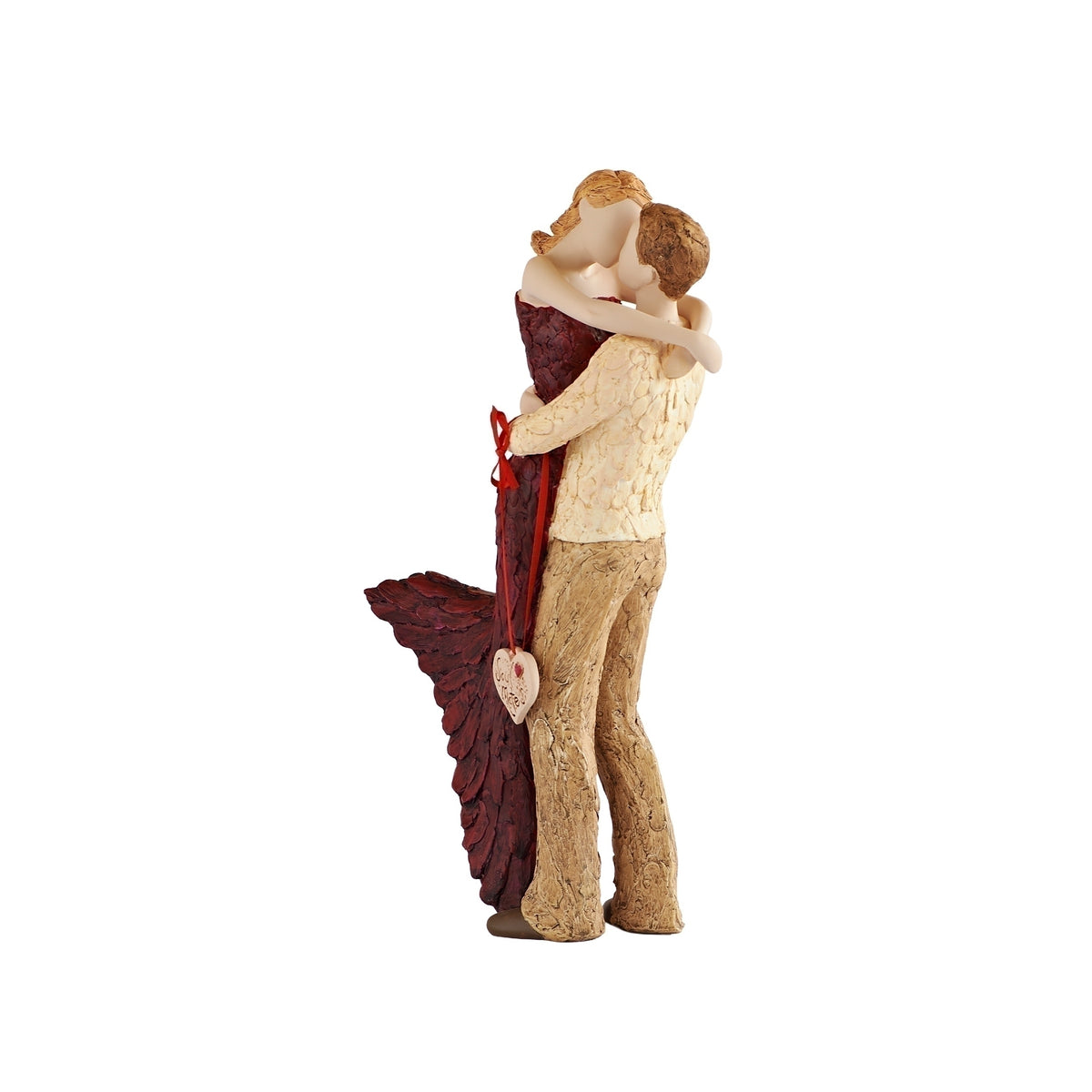 Side view of Soulmates figure showing the couple wrapped in a close embrace and the flowing red gown