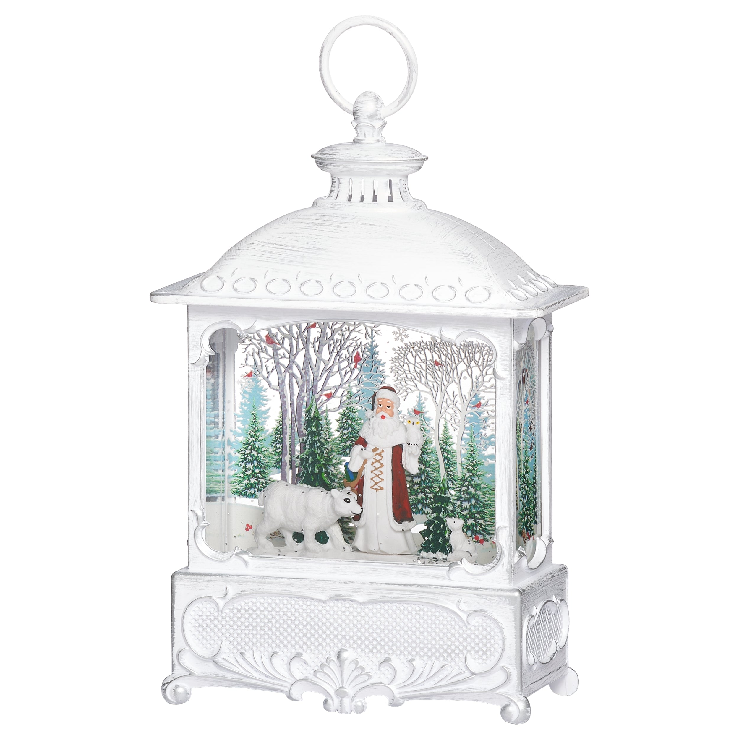 Decorative white lantern with a snow globe featuring a winter scene with Santa and a polar bear on a white background.