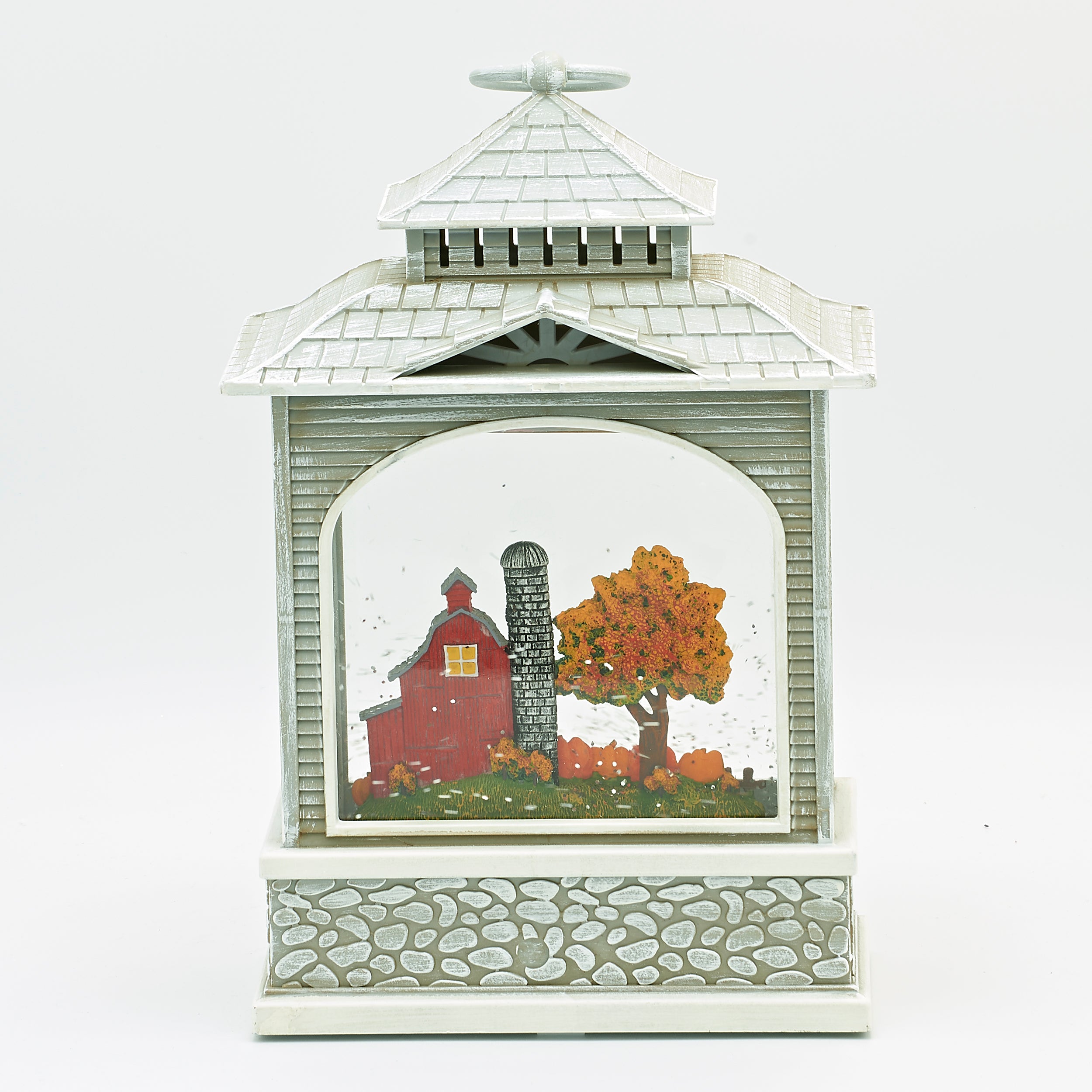 Glitterdome Lighted Swirl Silver Lantern with Autumn Farm