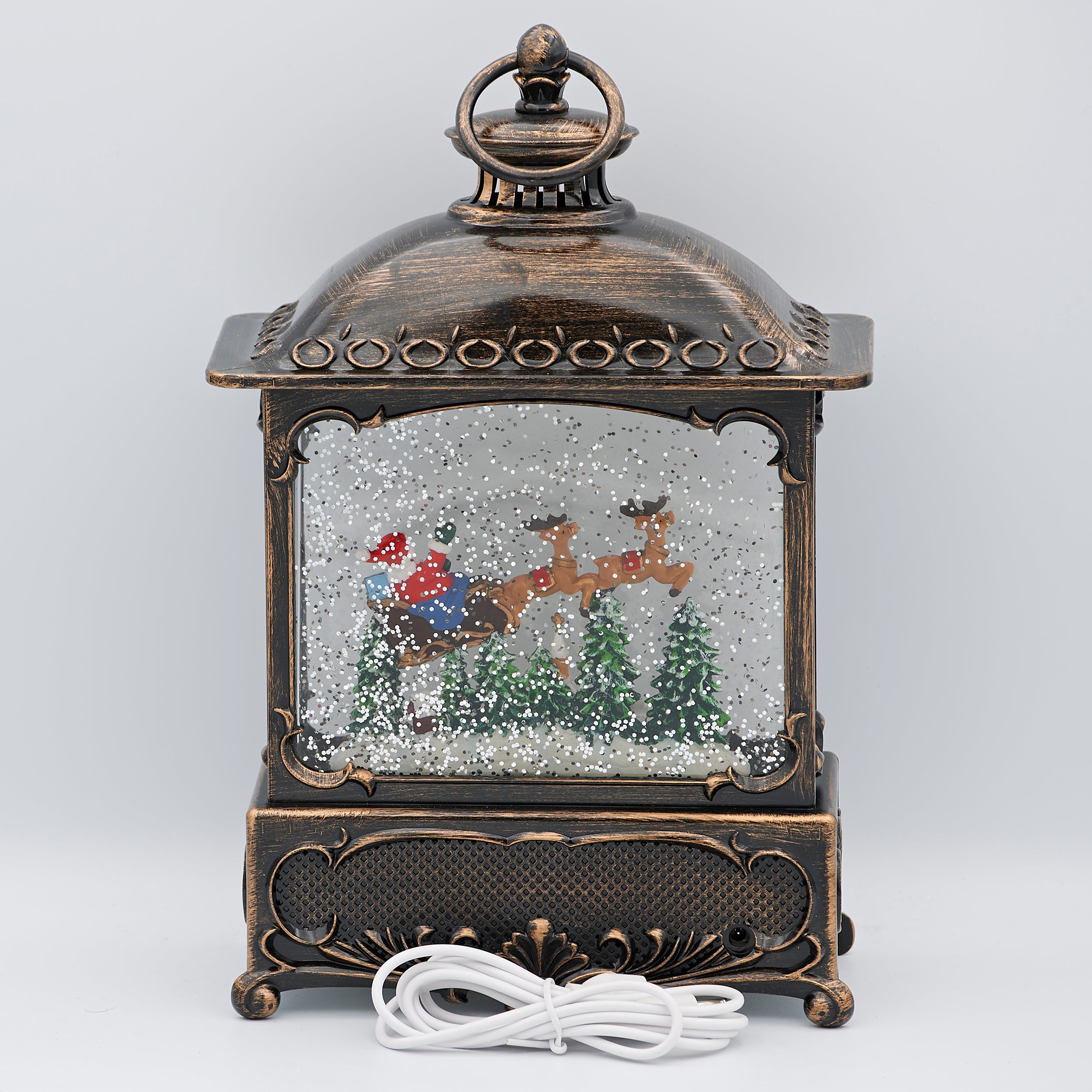 Confetti Lites Lighted Swirl Bronze Lantern with Santa Flying Over Town