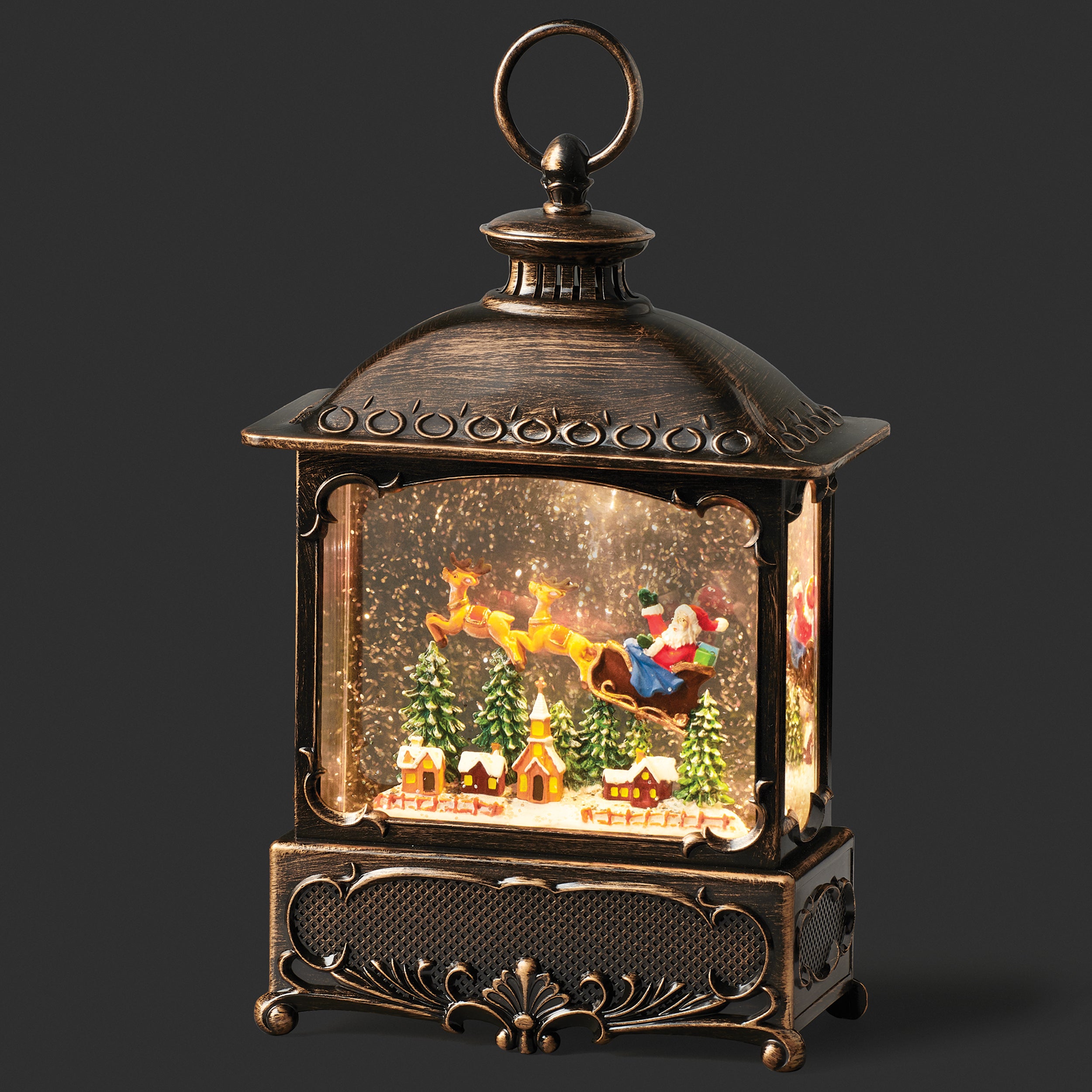 Confetti Lites Lighted Swirl Bronze Lantern with Santa Flying Over Town