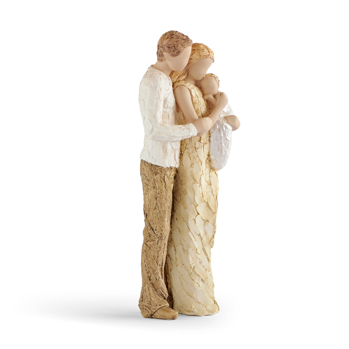 Opposite side view of Welcomed With Love family figure showing the parents holding their baby close