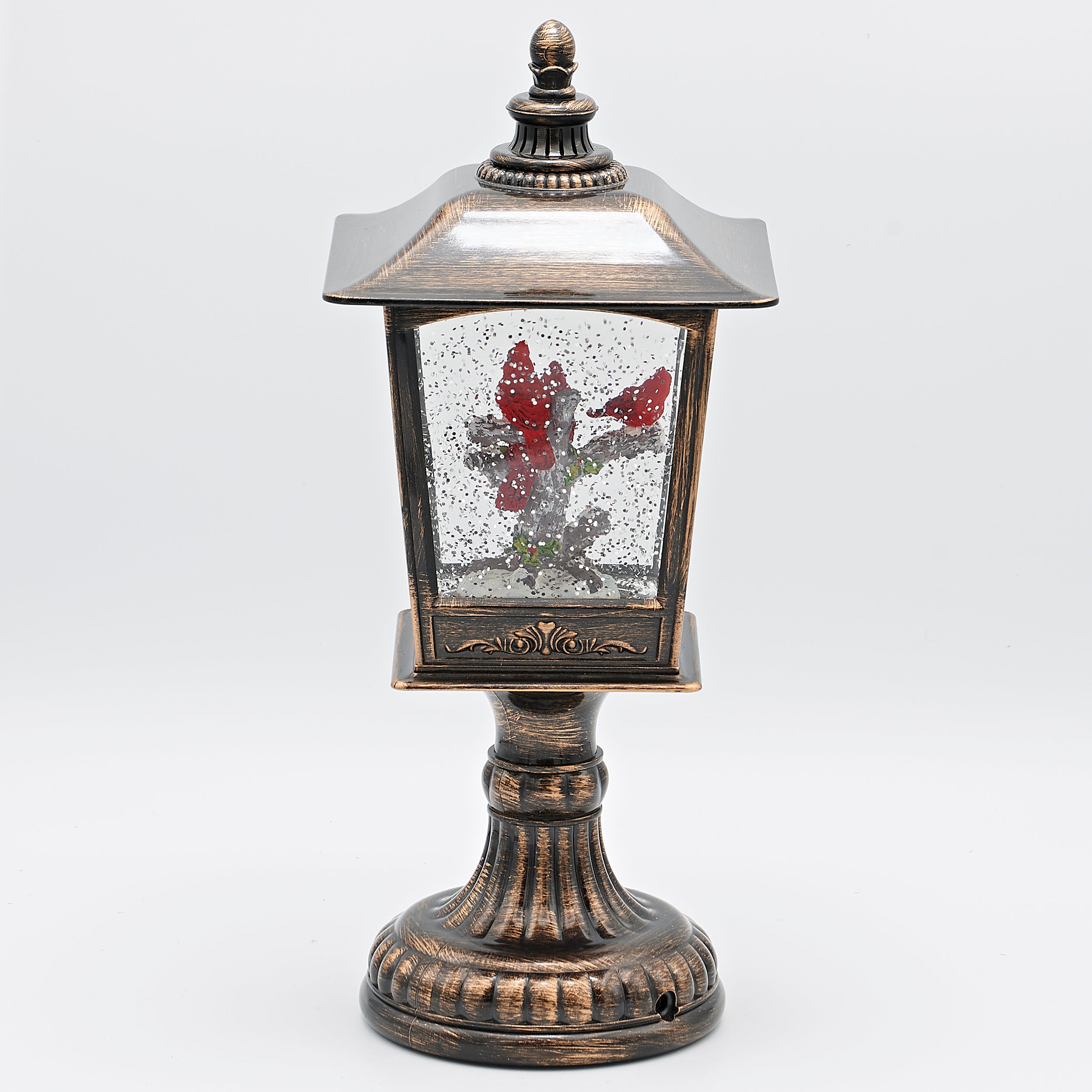 Confetti Lites Lighted Swirl Pedestal Lantern with Cardinals on a Snowy Branch