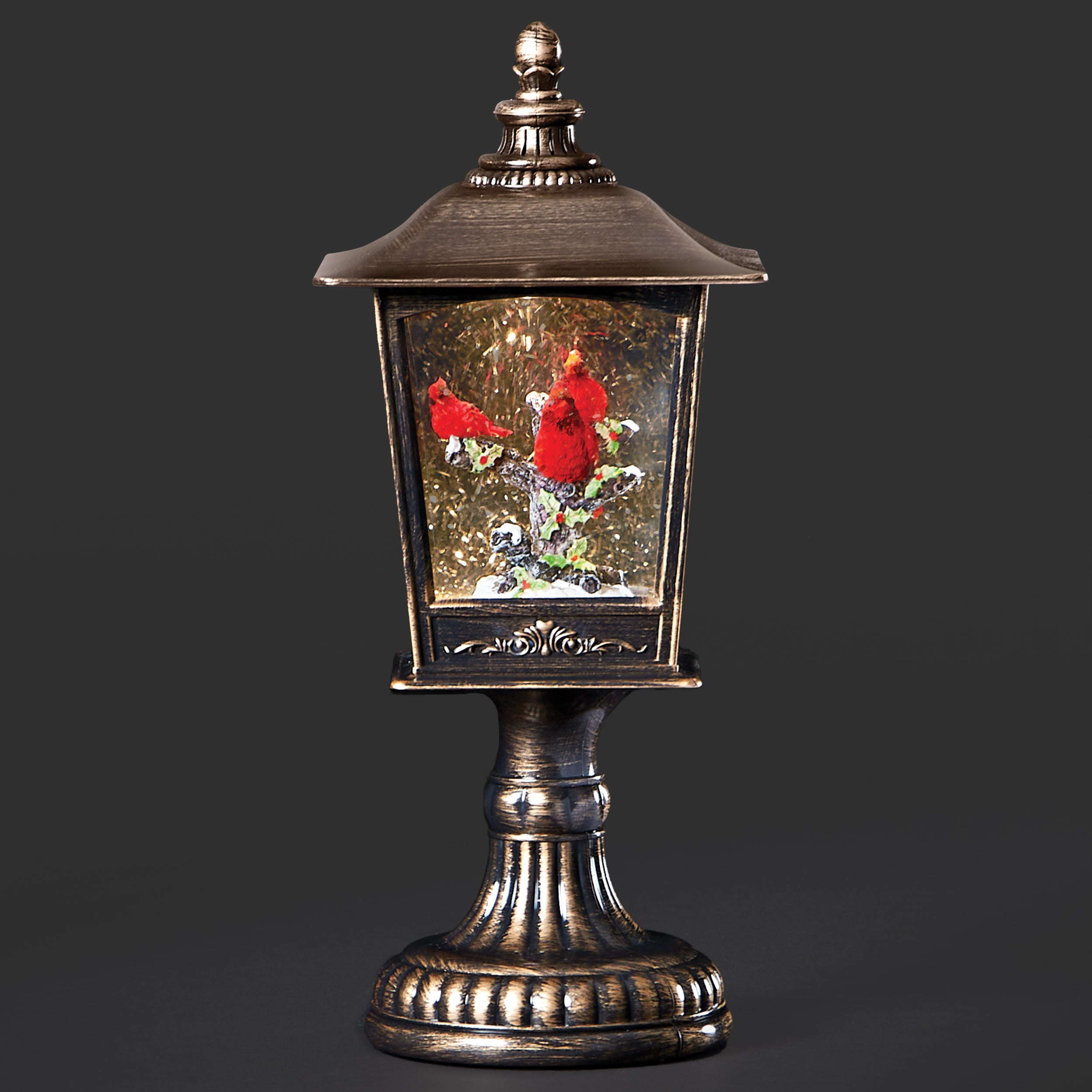 Confetti Lites Lighted Swirl Pedestal Lantern with Cardinals on a Snowy Branch