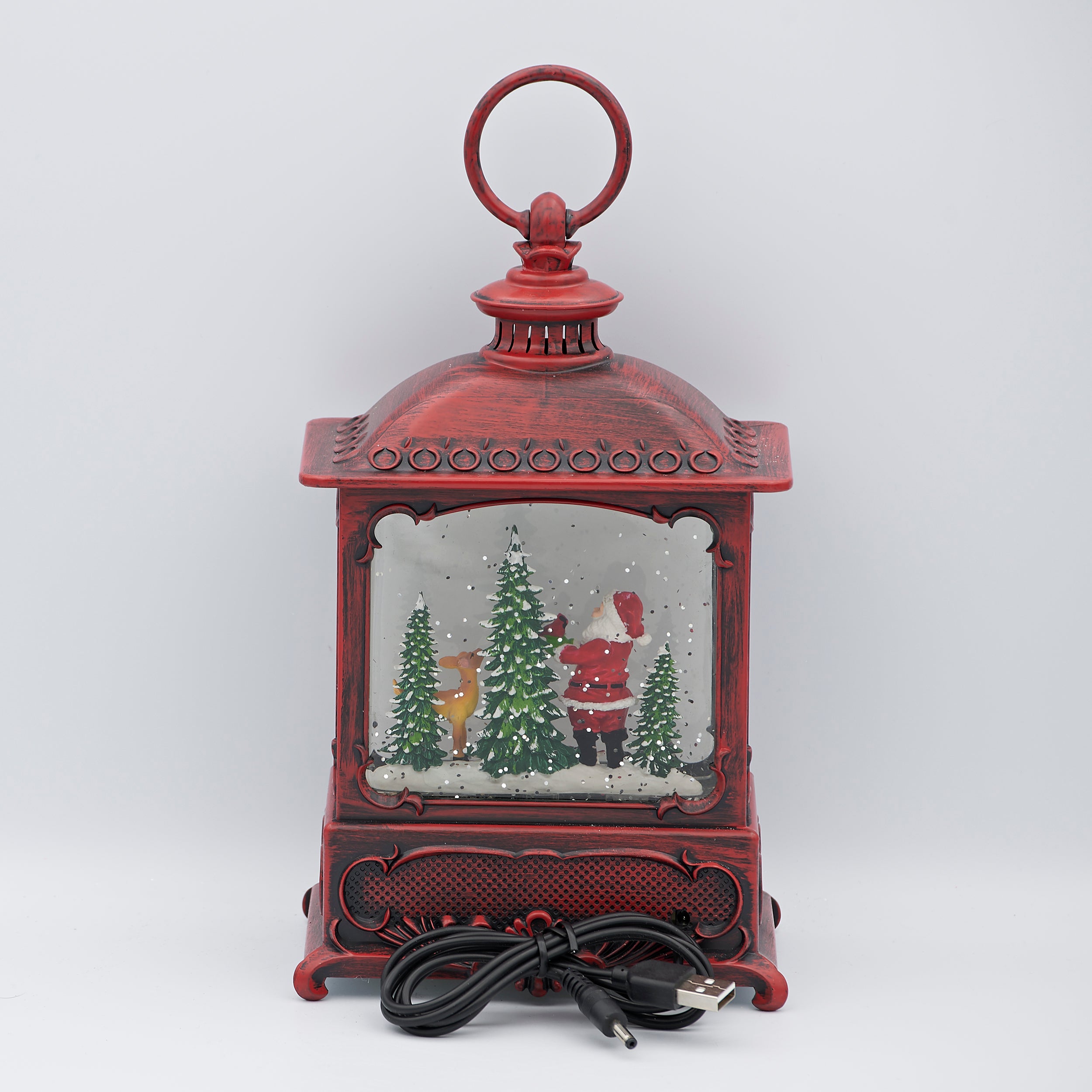 Confetti Lites Lighted Swirl Vintage Red Lantern with Santa & Woodland Animals