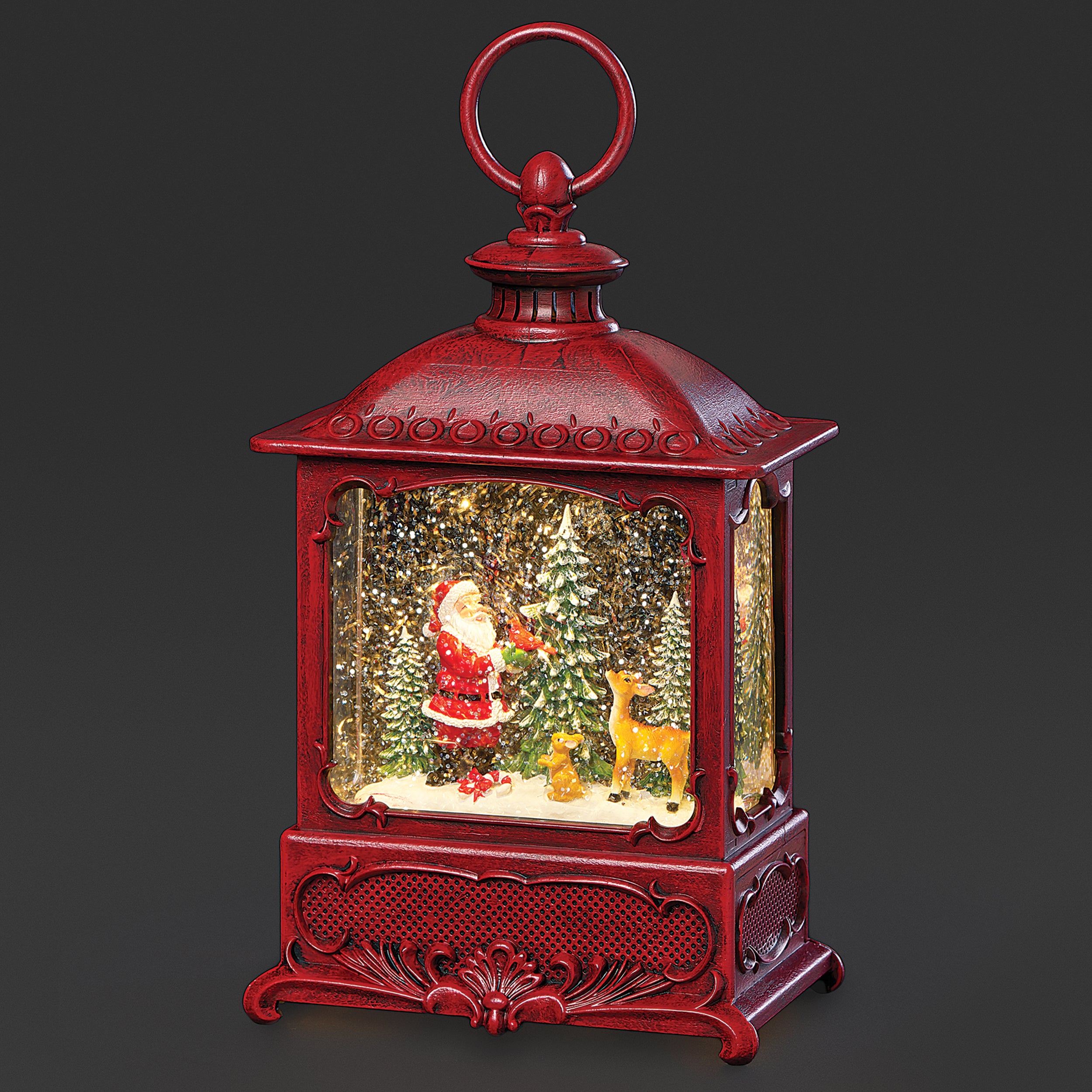 Confetti Lites Lighted Swirl Vintage Red Lantern with Santa & Woodland Animals