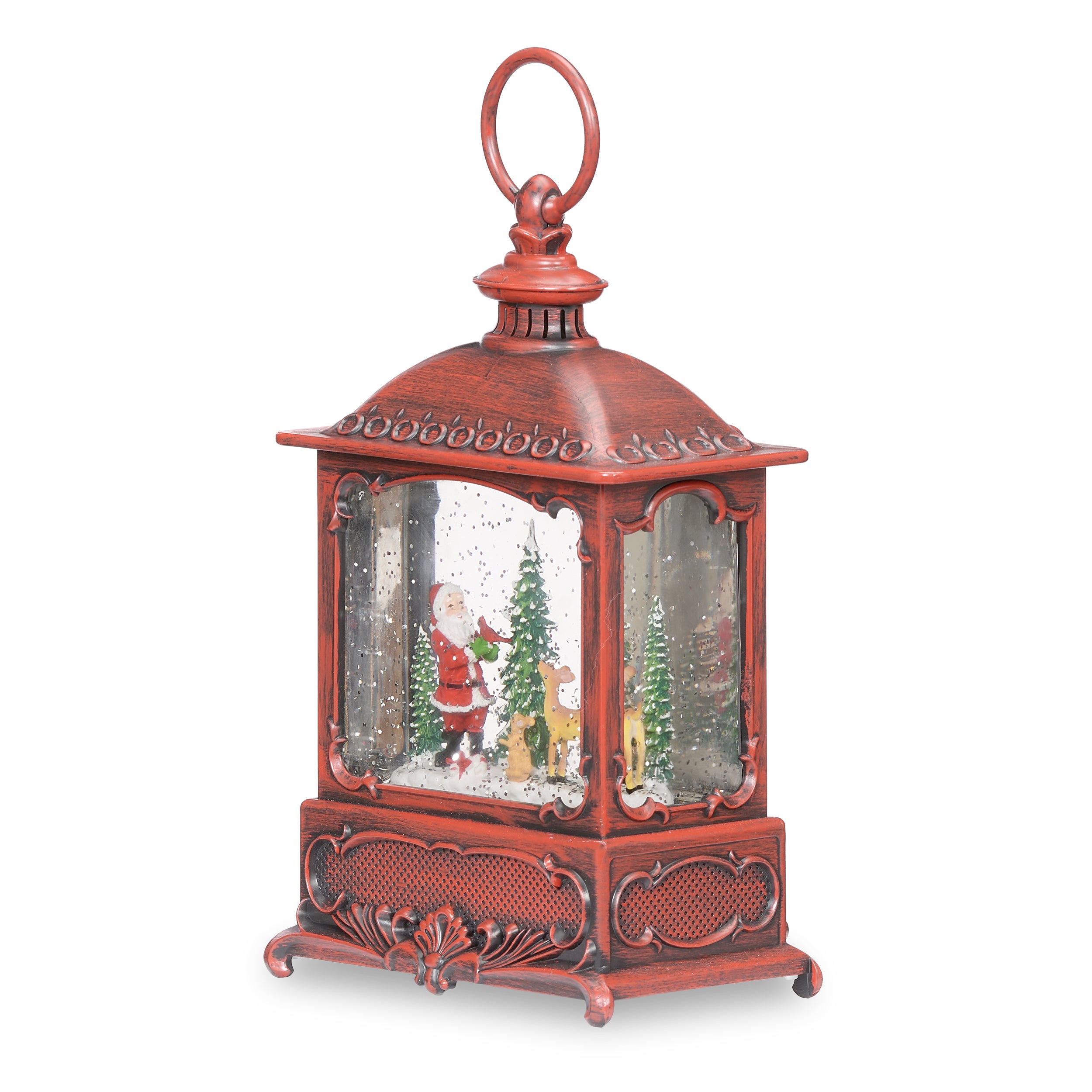 Red lantern-shaped snow globe with Santa Claus, a deer, bunny, and cardinals on a white background