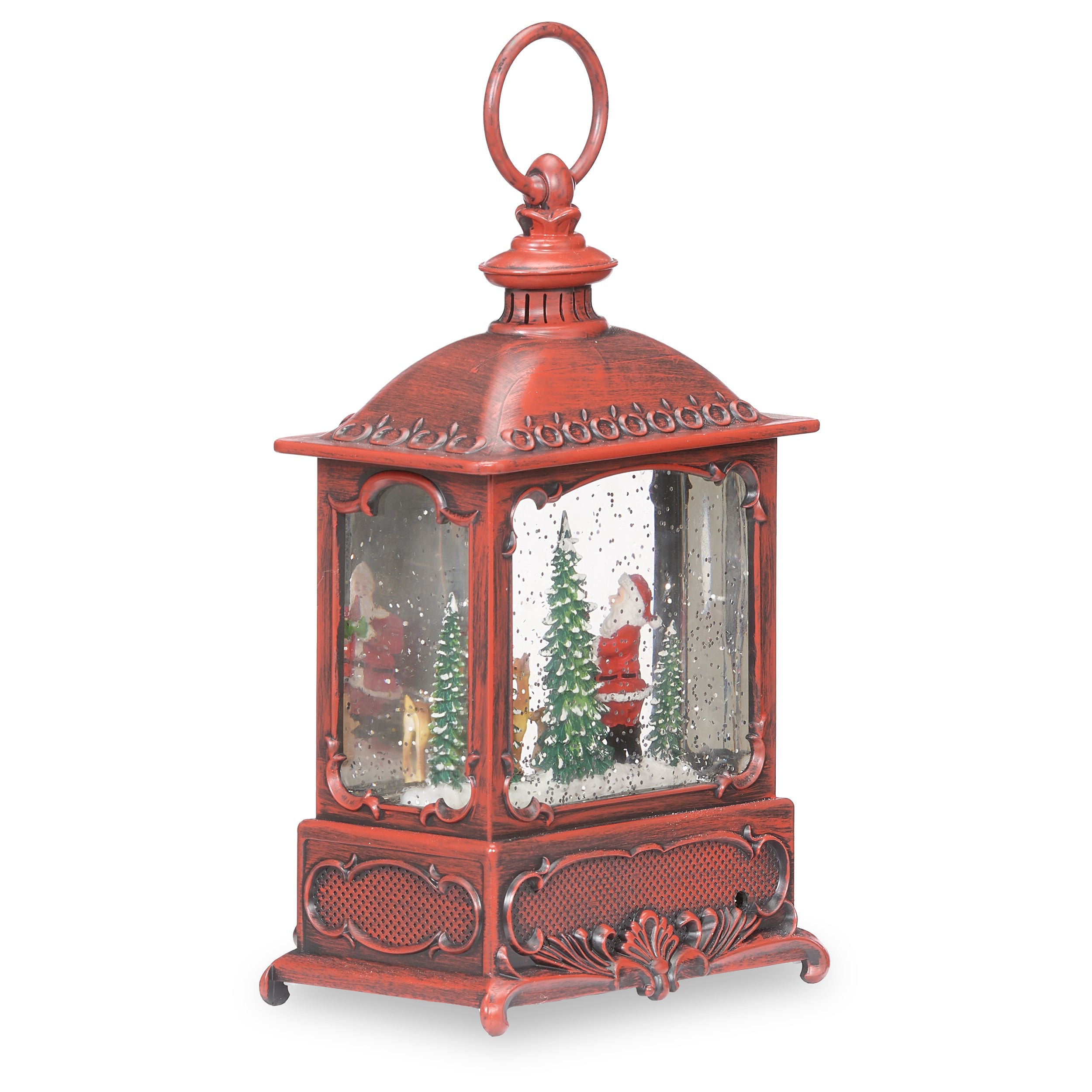 Red lantern-shaped snow globe with Santa Claus, a deer, bunny, and cardinals on a white background
