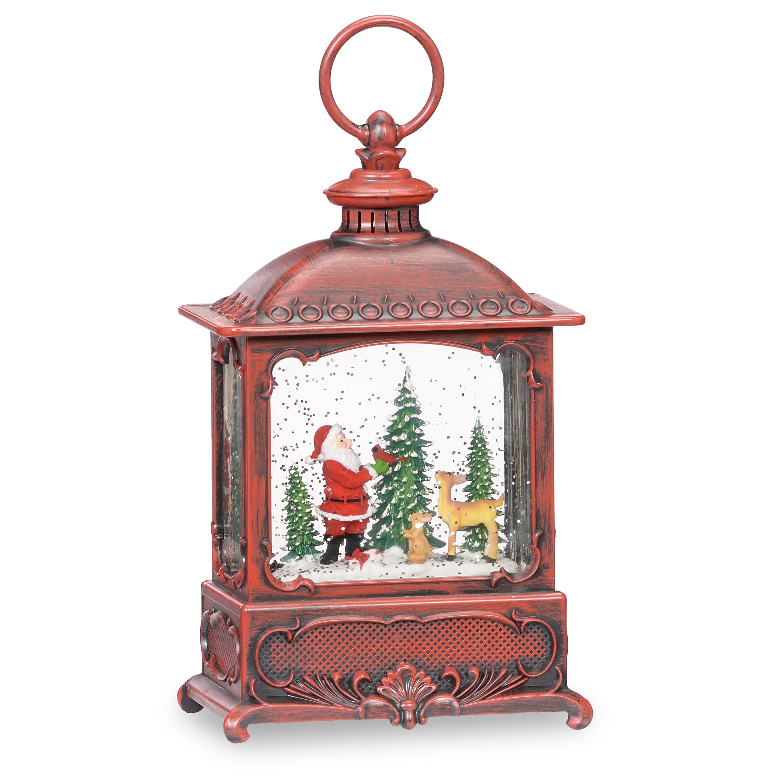 Red lantern-shaped snow globe with Santa Claus, a deer, bunny, and cardinals on a white background