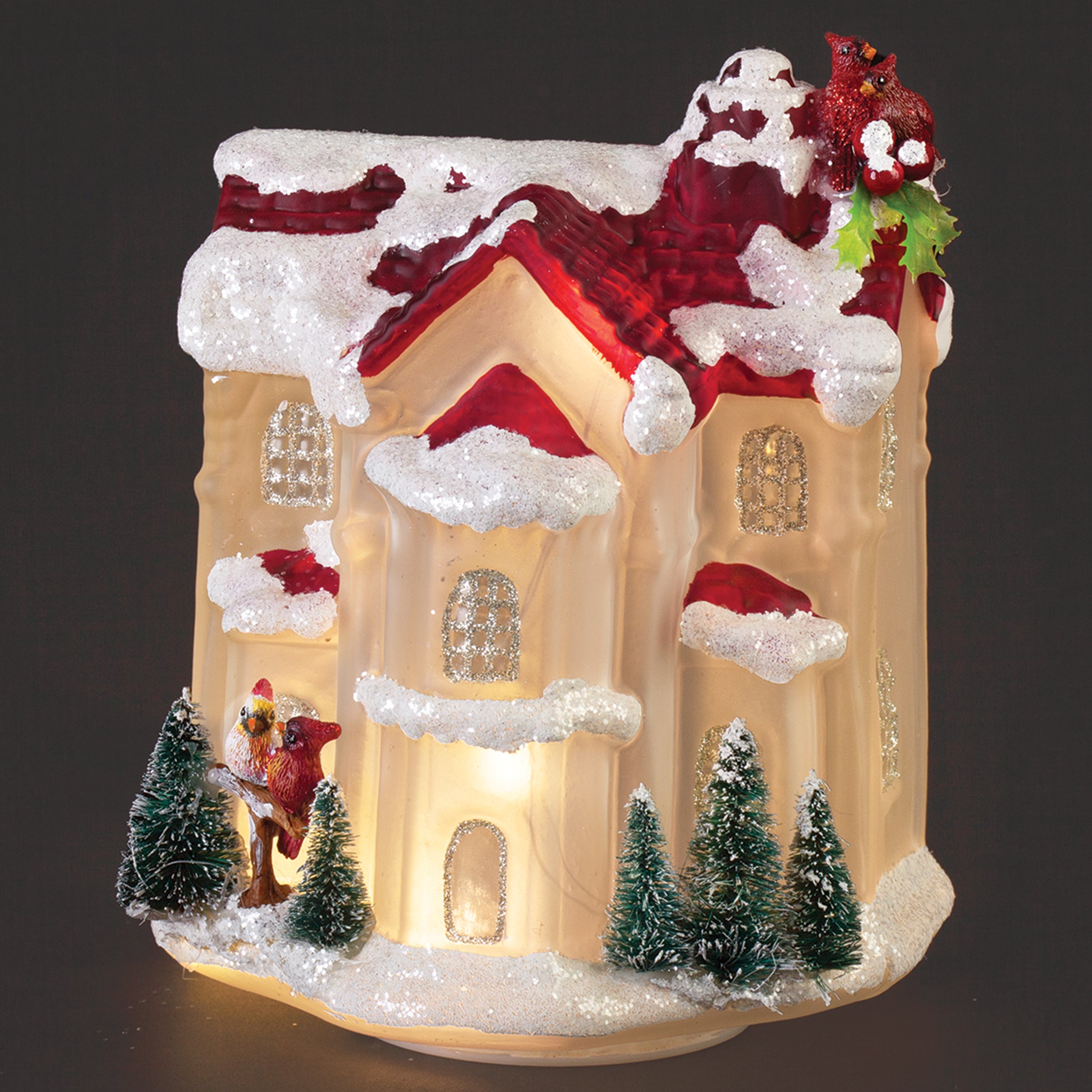 Lighted Glass House with Cardinals