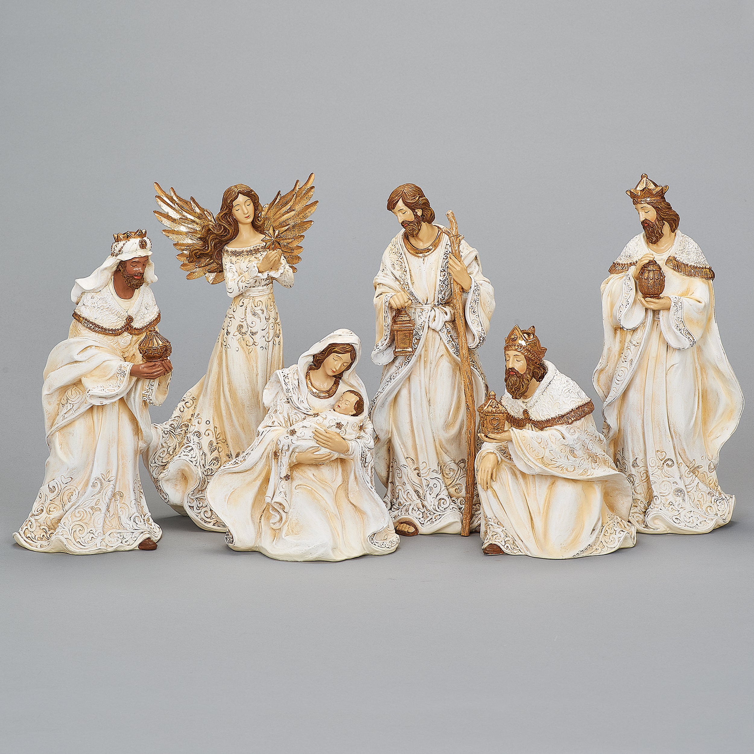 Ivory Nativity Set with Gold Trim and Patterned Robes