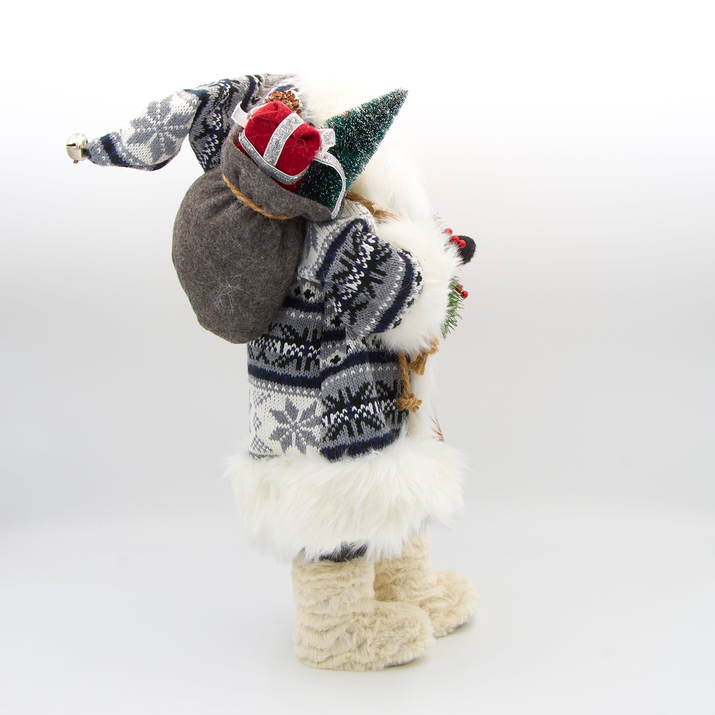 White & Grey Santa Figure with Skis in Knit Coat