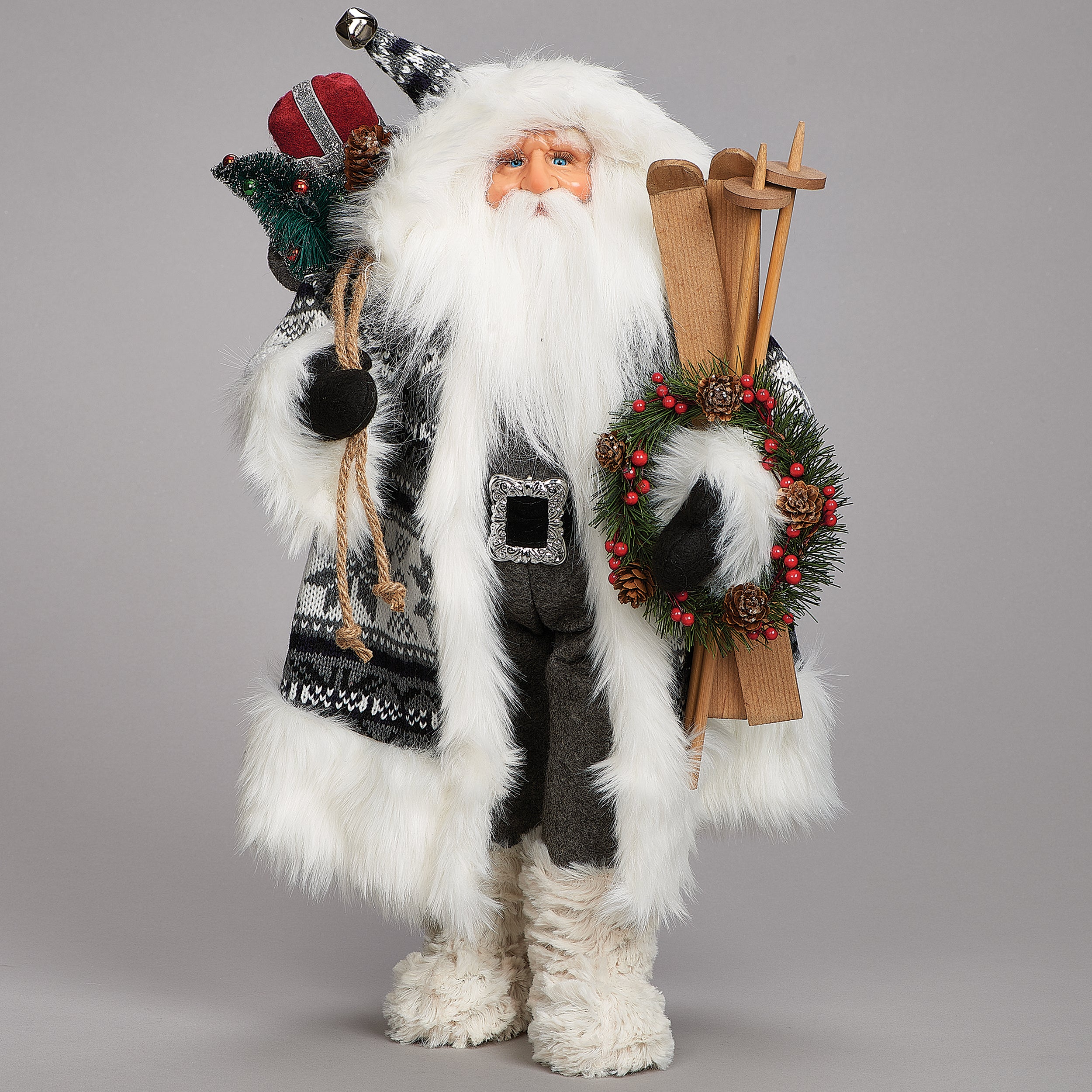 White & Grey Santa Figure with Skis in Knit Coat