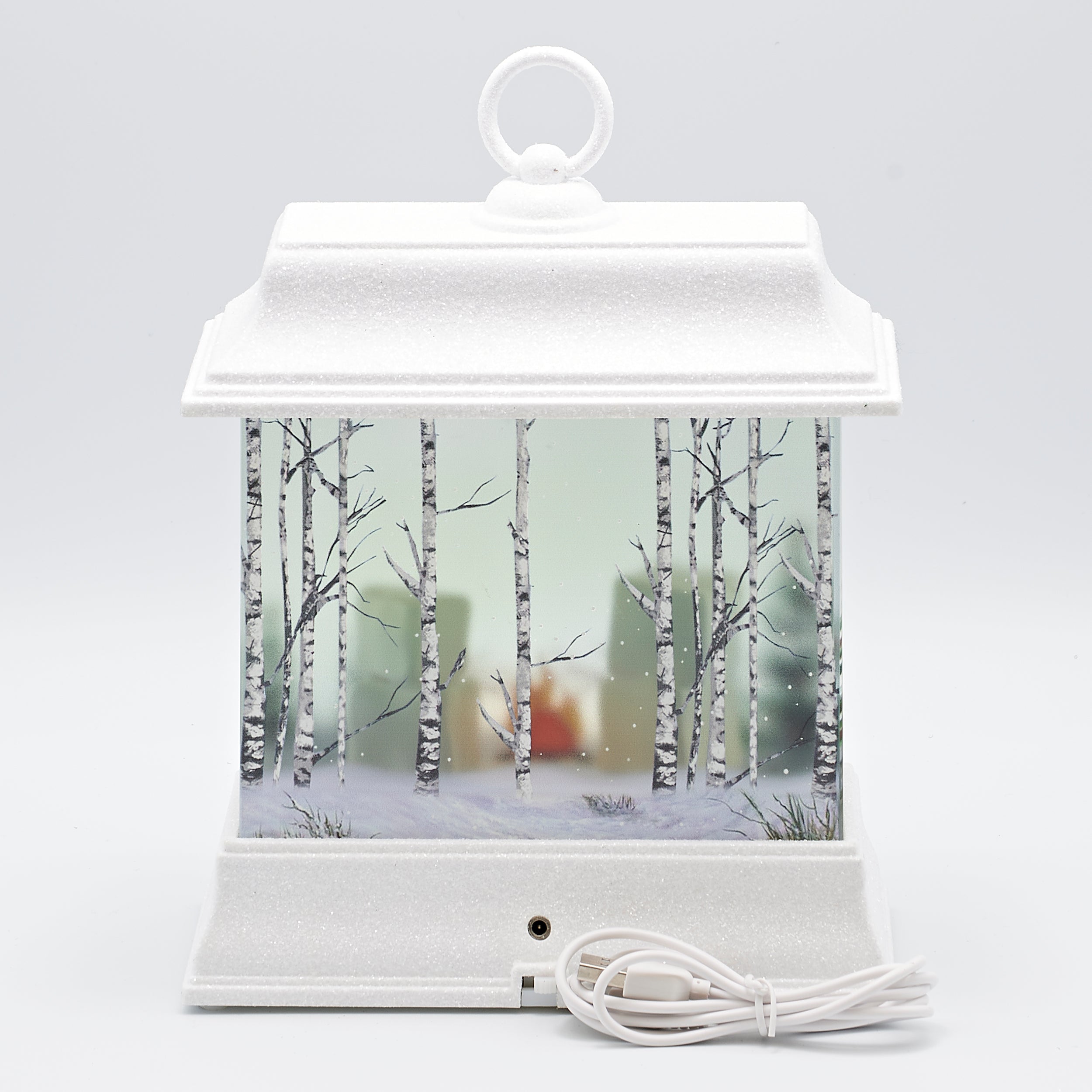 Confetti Lites Lighted Swirl White Lantern with Marshmallows by a Fire