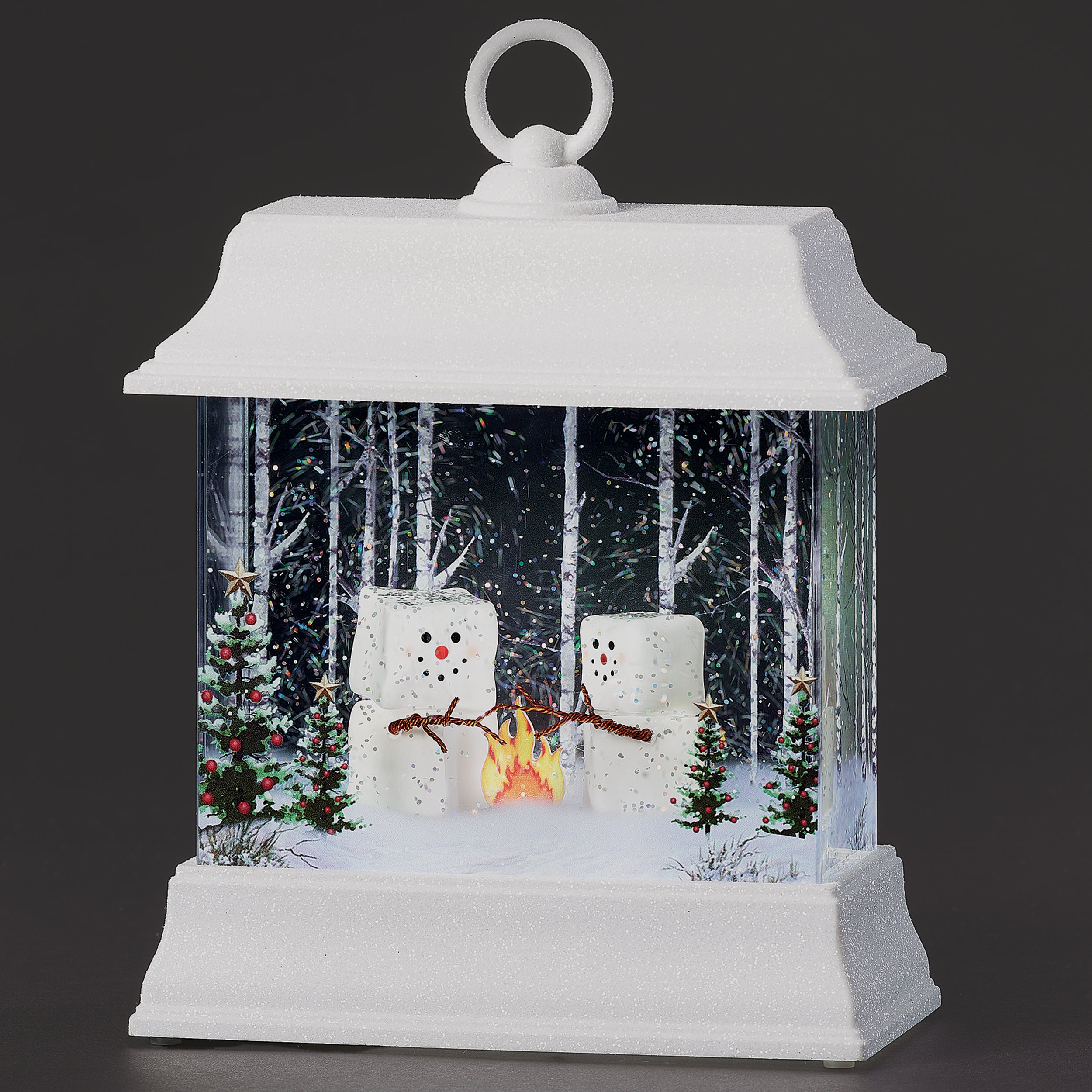 Confetti Lites Lighted Swirl White Lantern with Marshmallows by a Fire