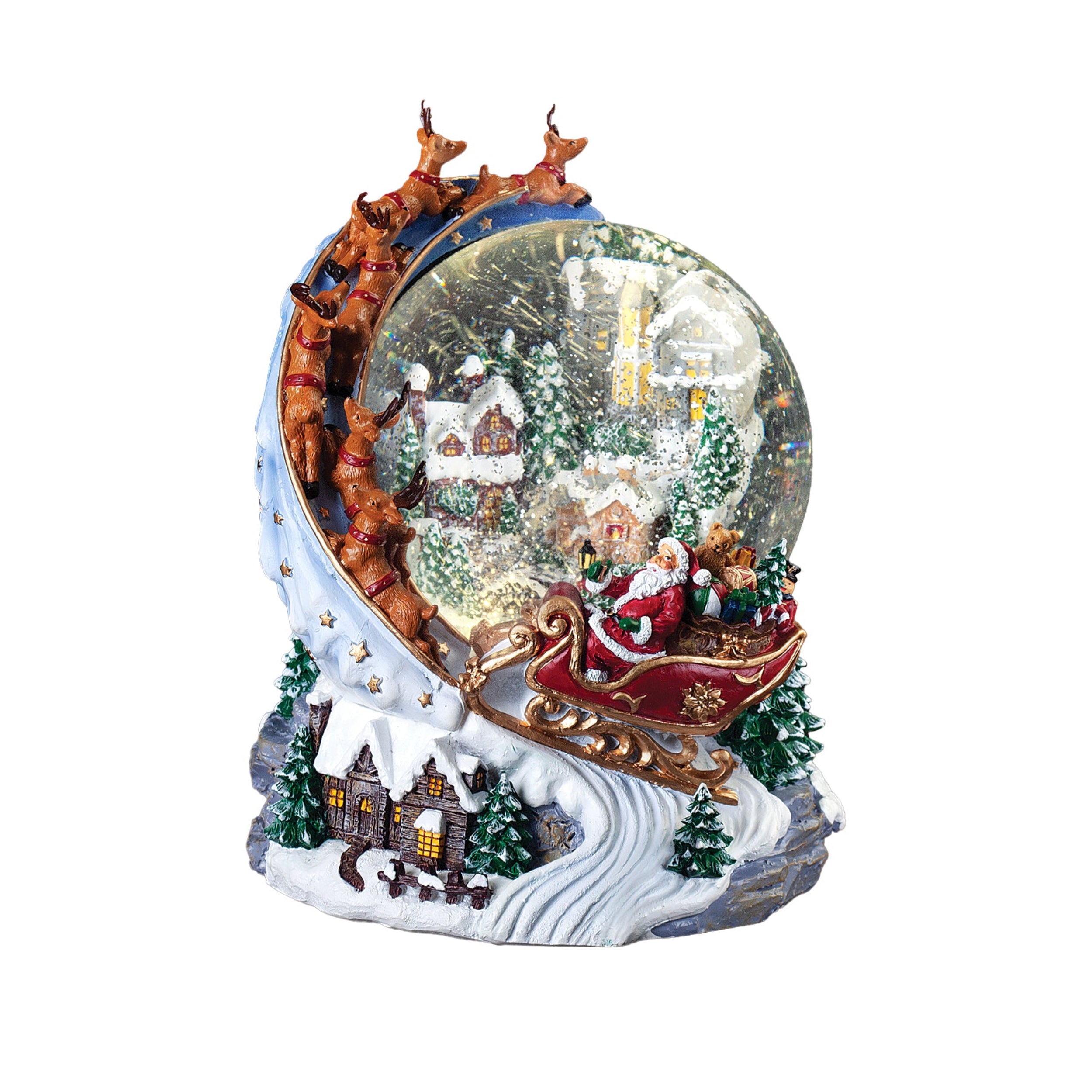 Decorative snow globe with Santa Claus and reindeer on a white background