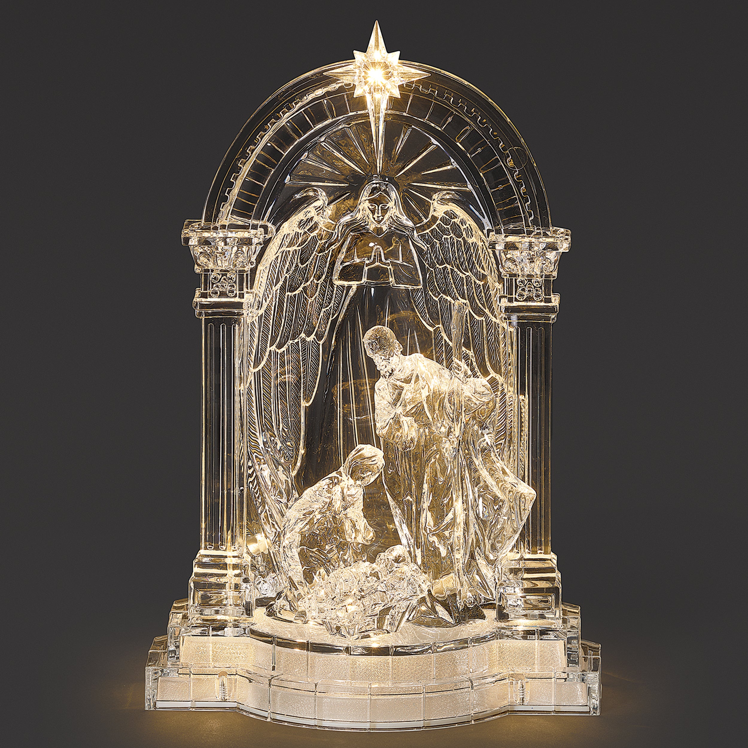 Lighted Holy Family with Angel Under Arch