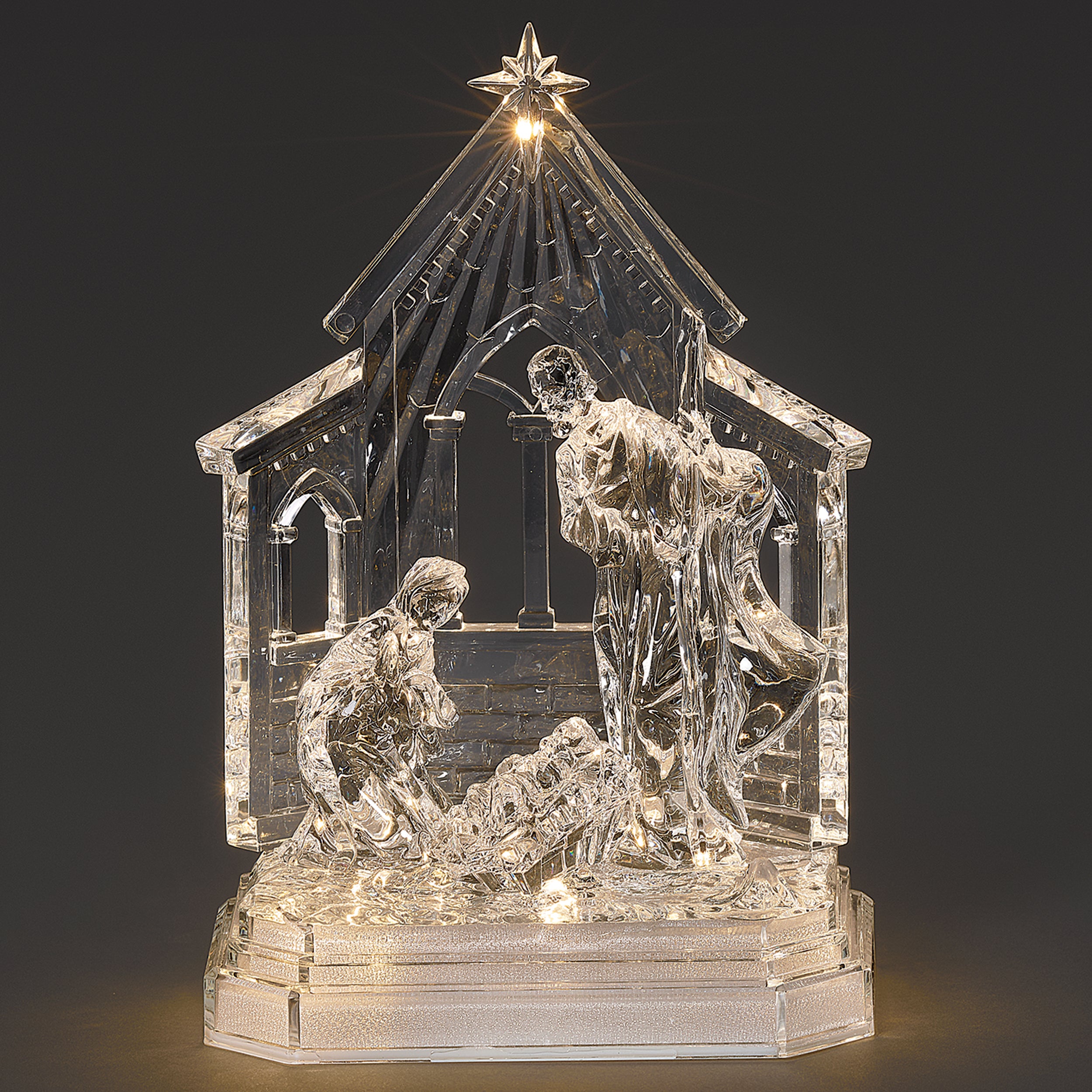 Lighted Holy Family in Stable with Star Overhead