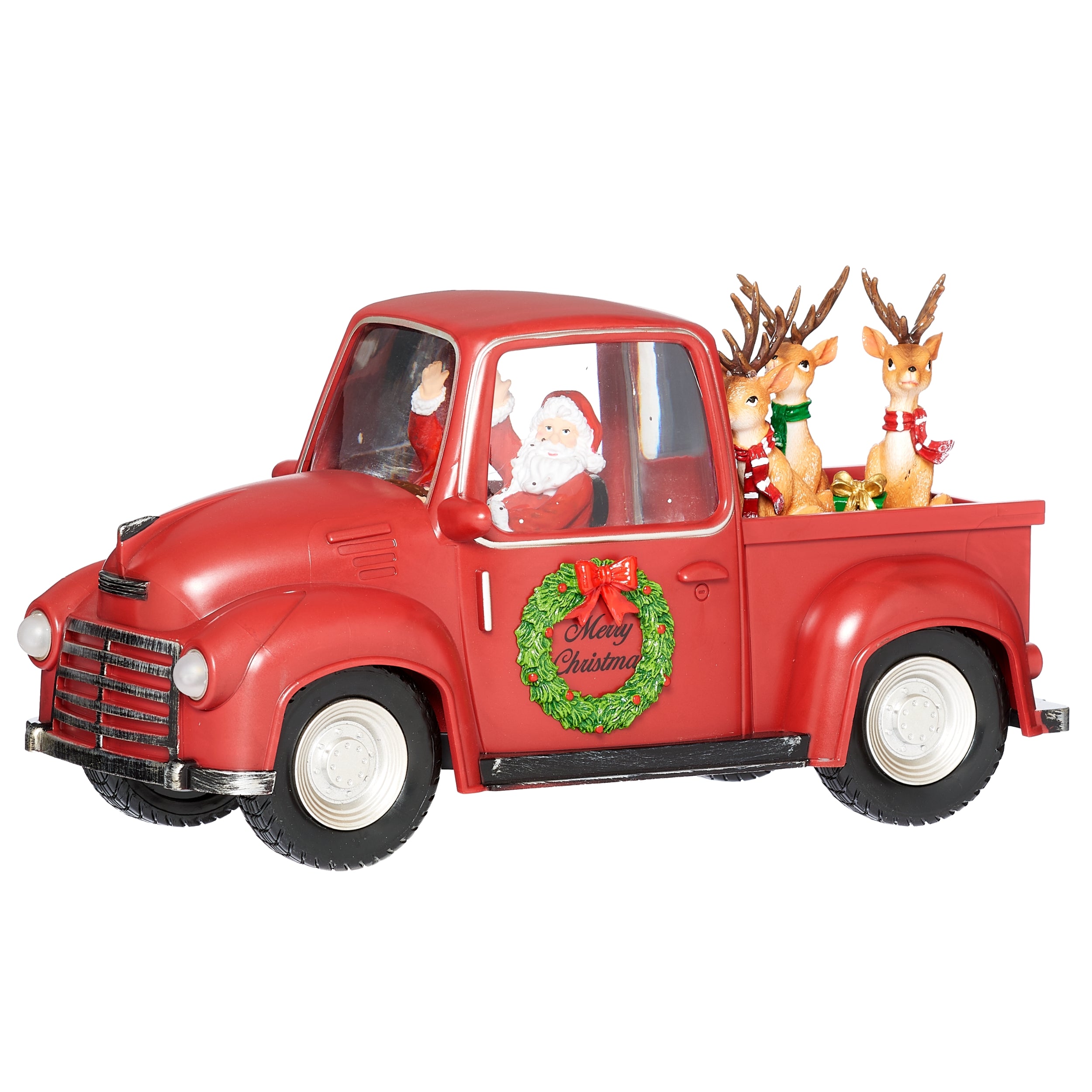 Red Christmas truck with Santa Claus figure and reindeer on a white background