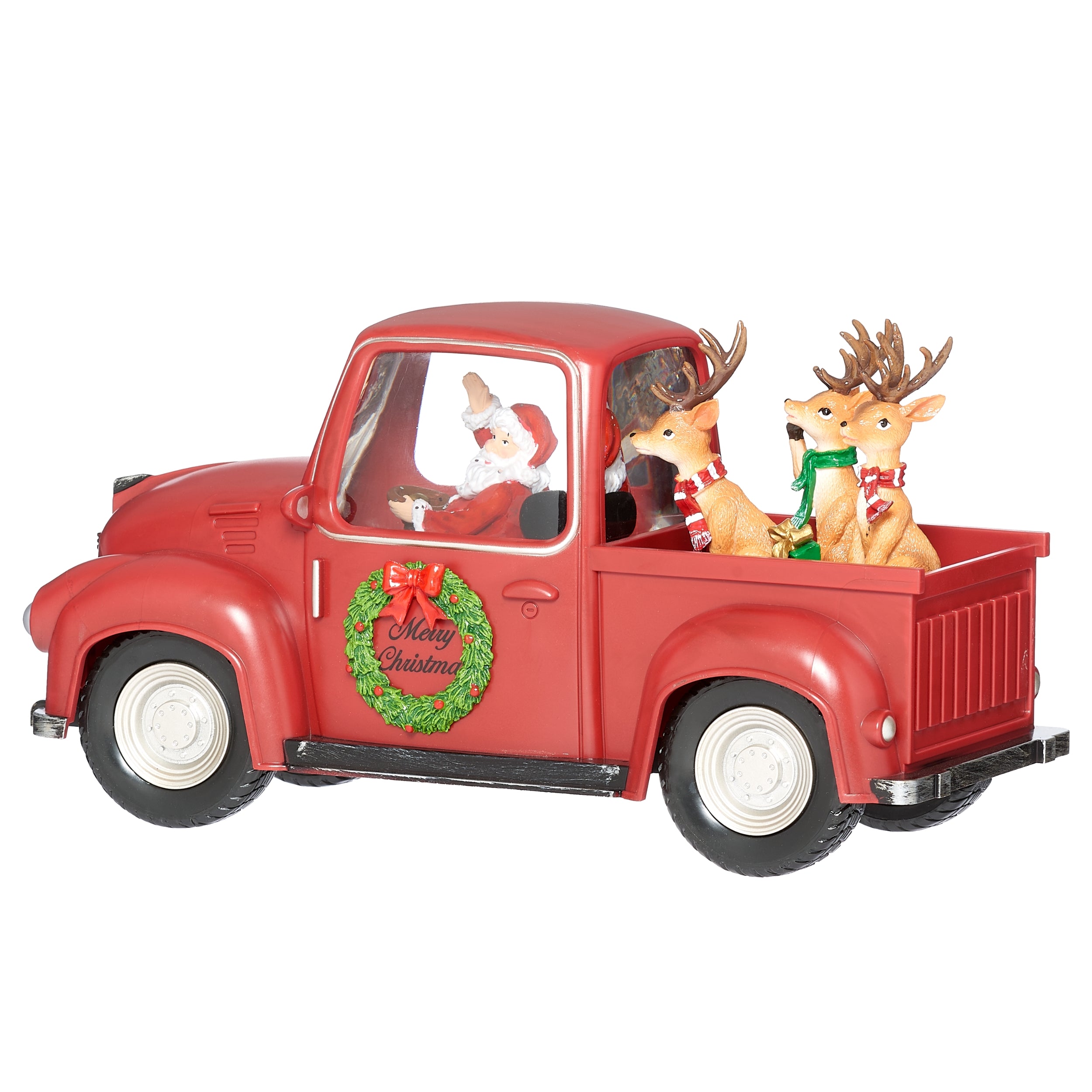 Red Christmas truck with Santa Claus figure and reindeer on a white background