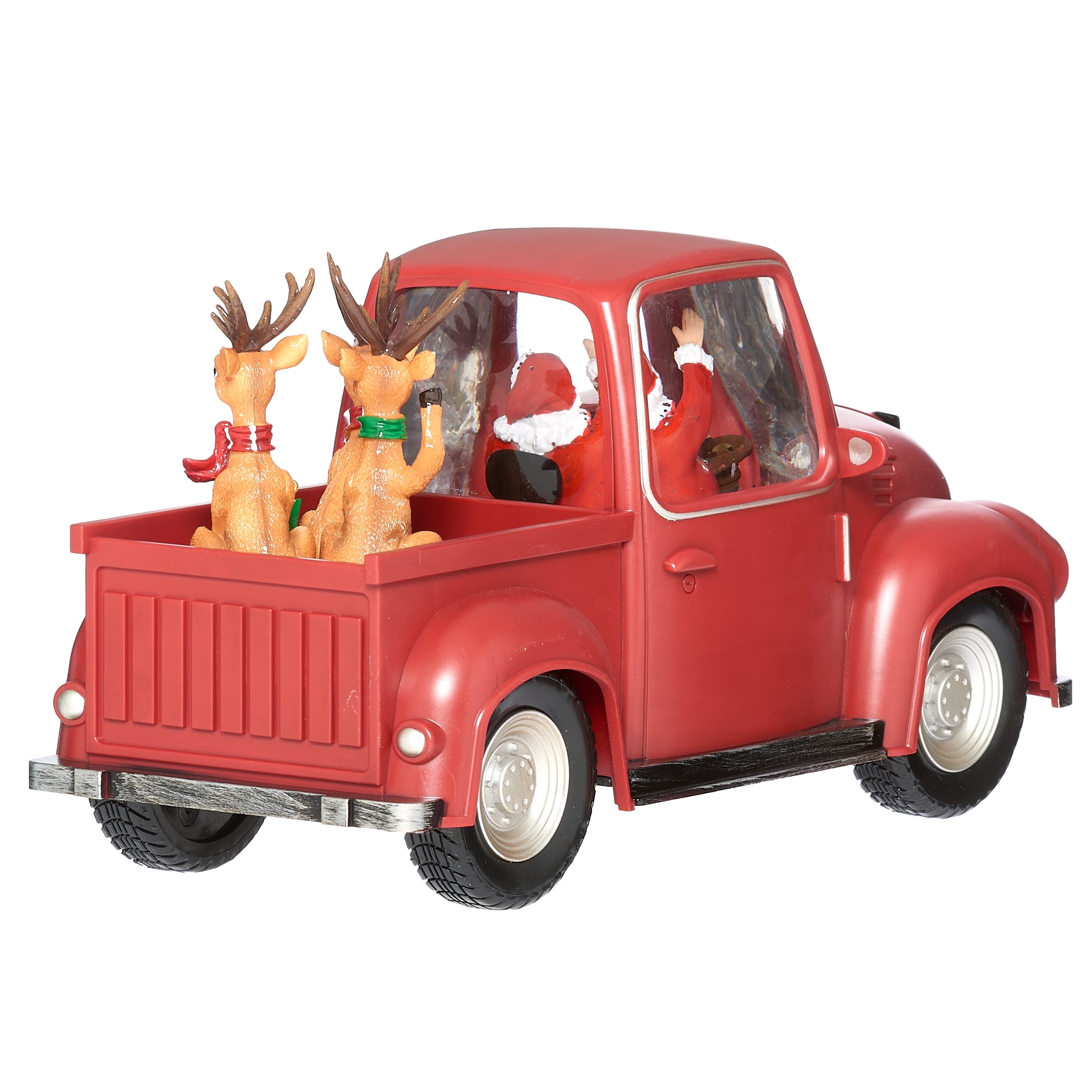 Red Christmas truck with Santa Claus figure and reindeer on a white background