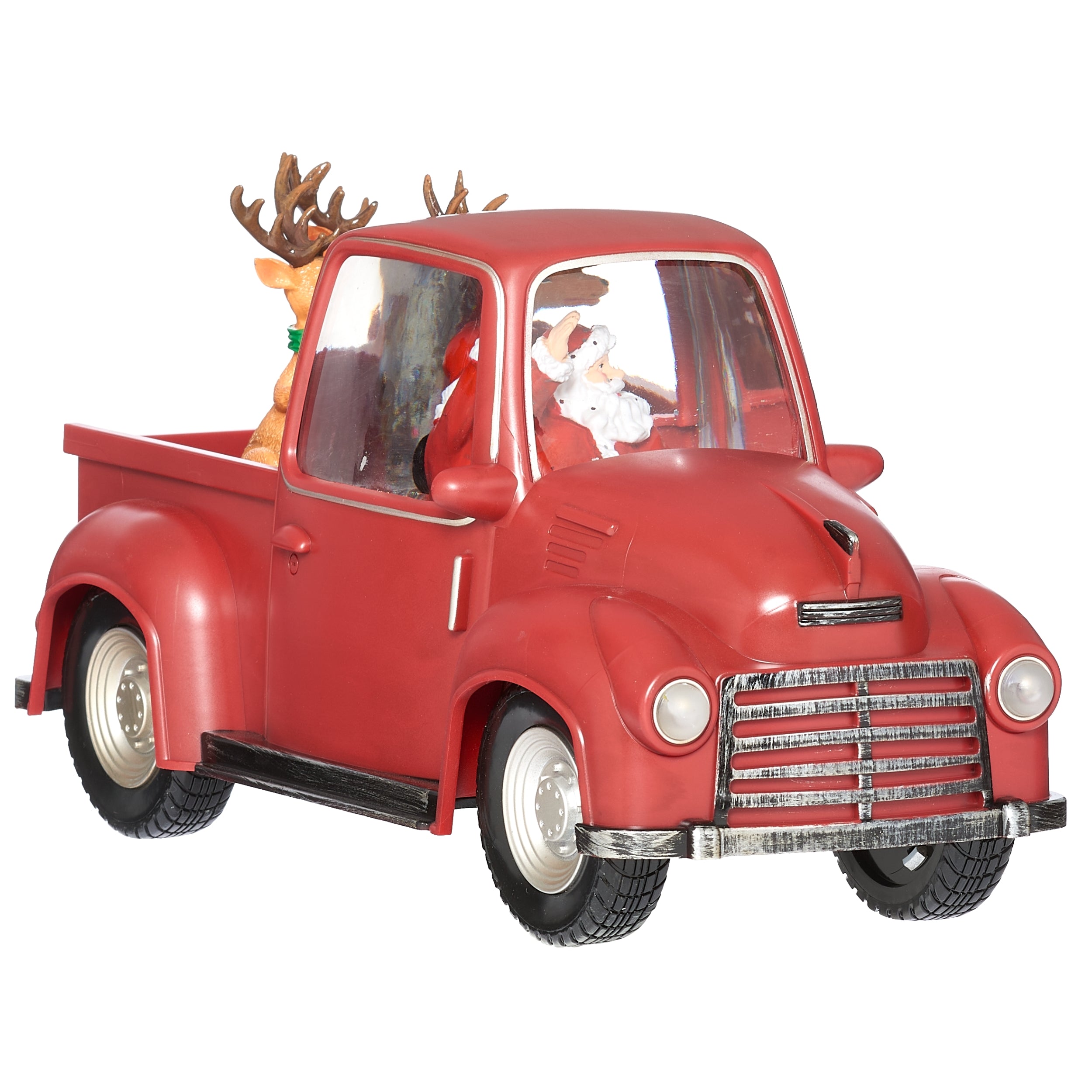 Red Christmas truck with Santa Claus figure and reindeer on a white background