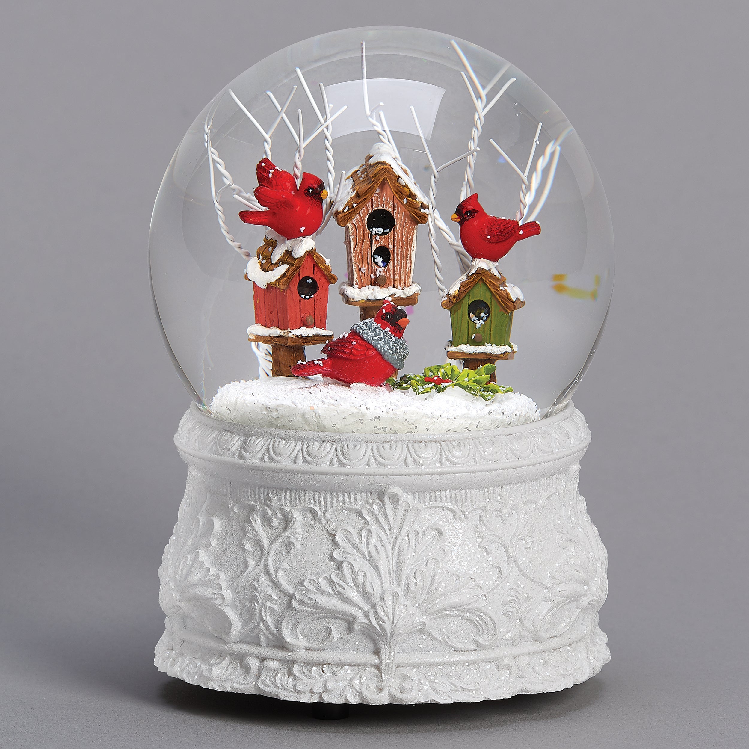Glitterdome Musical Cardinal with Birdhouses – "Winter Wonderland" Tune