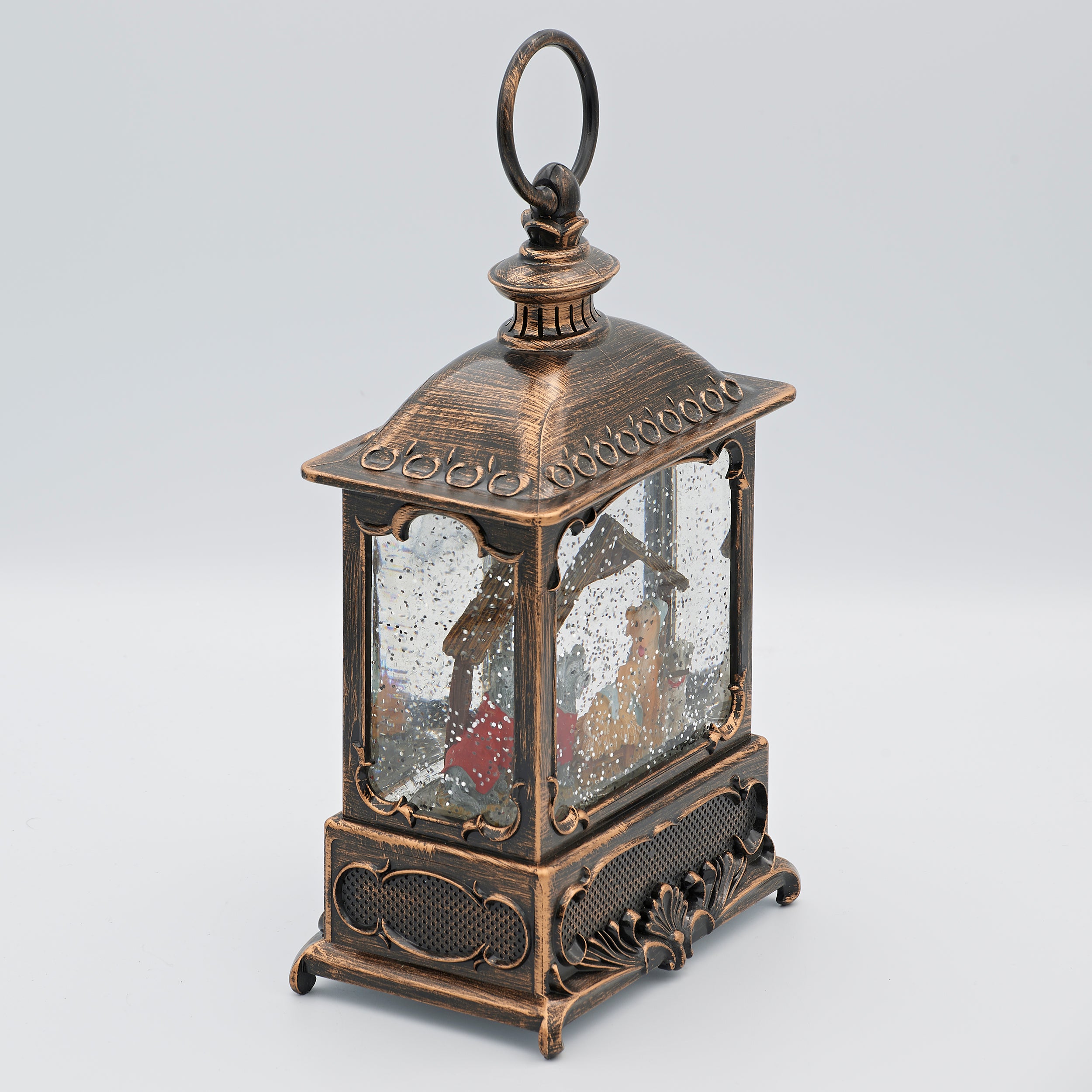 Confetti Lites Lighted Swirl Bronze Lantern with Canine Holy Family